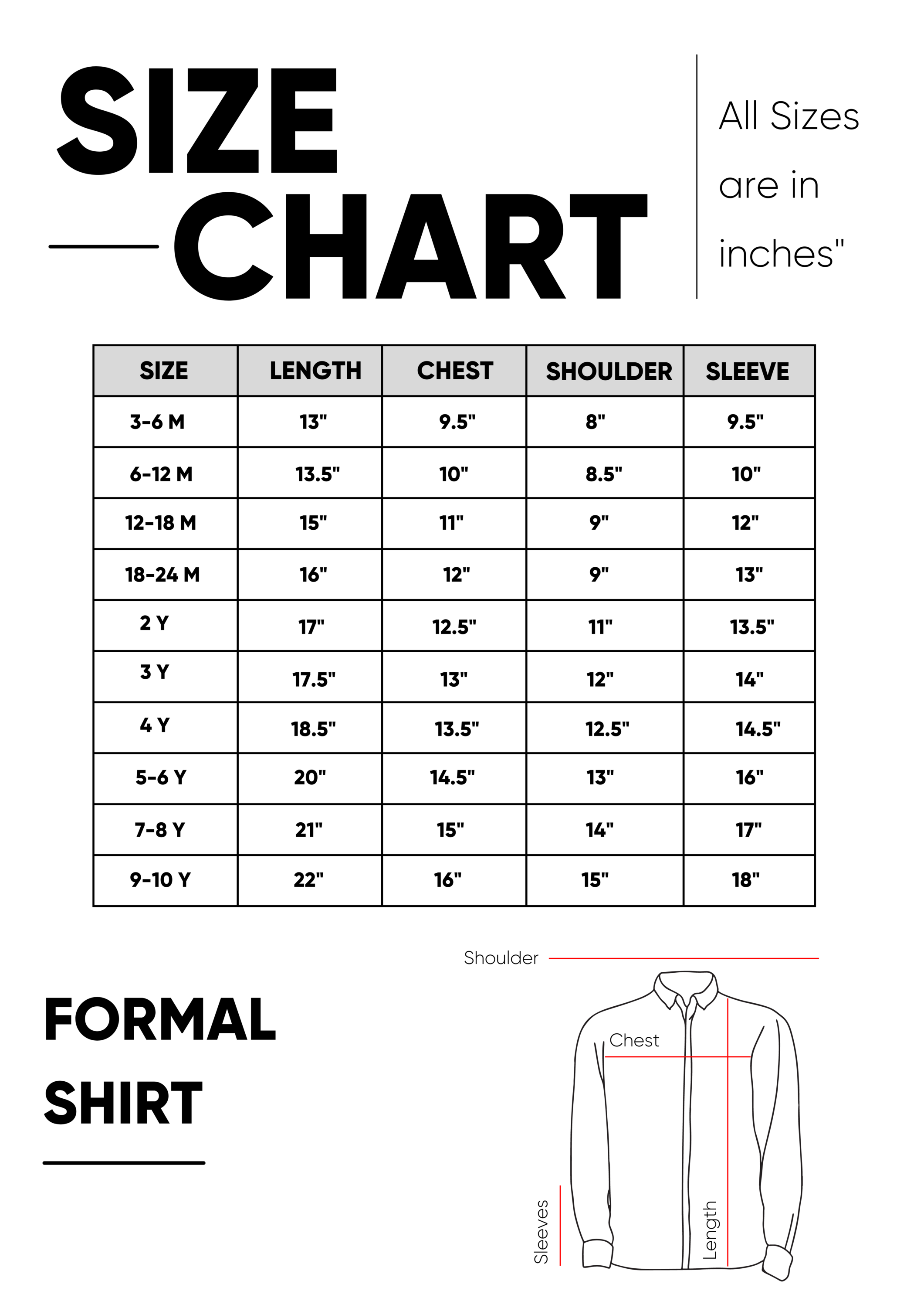 Kids Formal Shirt Size Chart