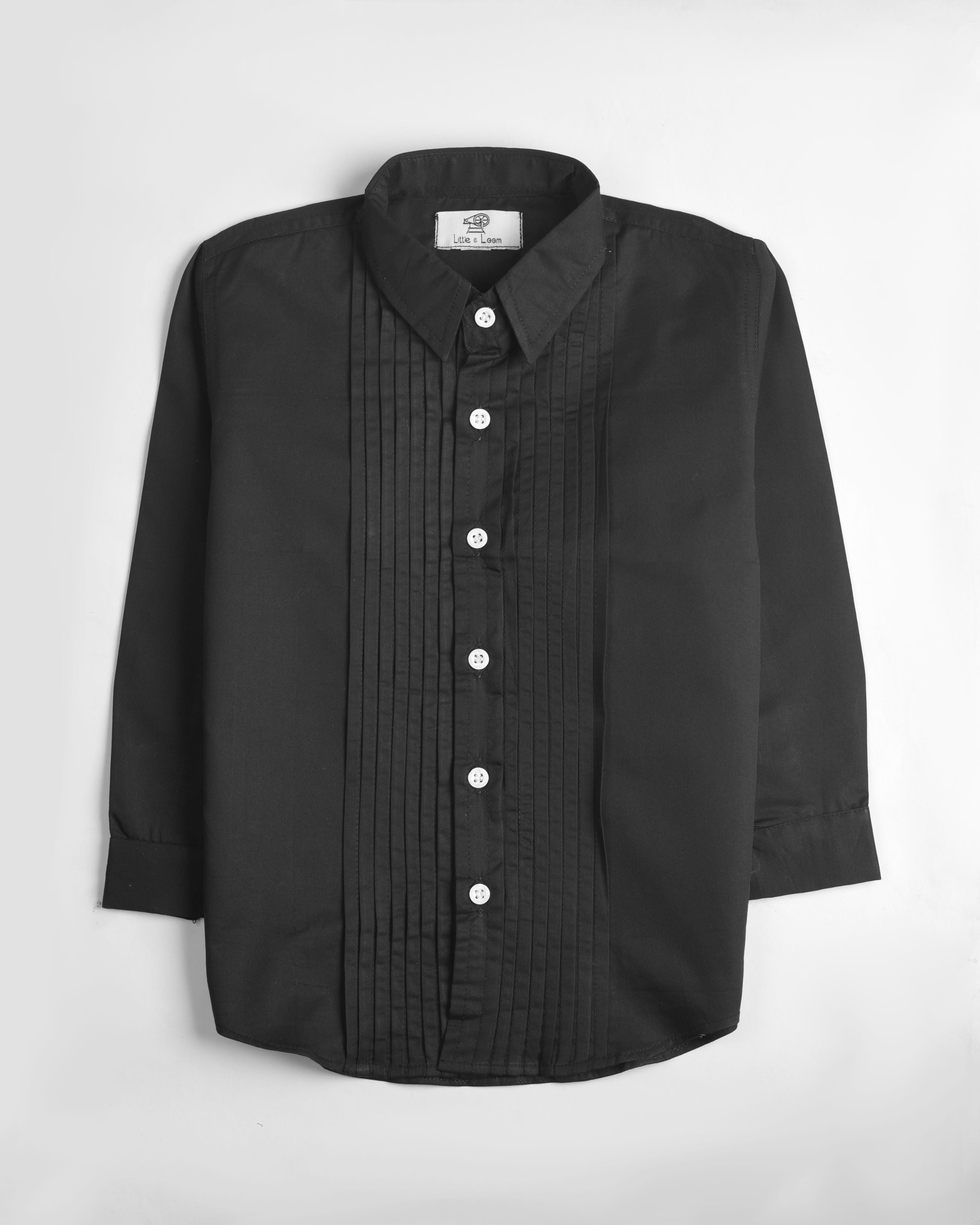 BLACK PLEATED SHIRT WITH WHITE BUTTONS
