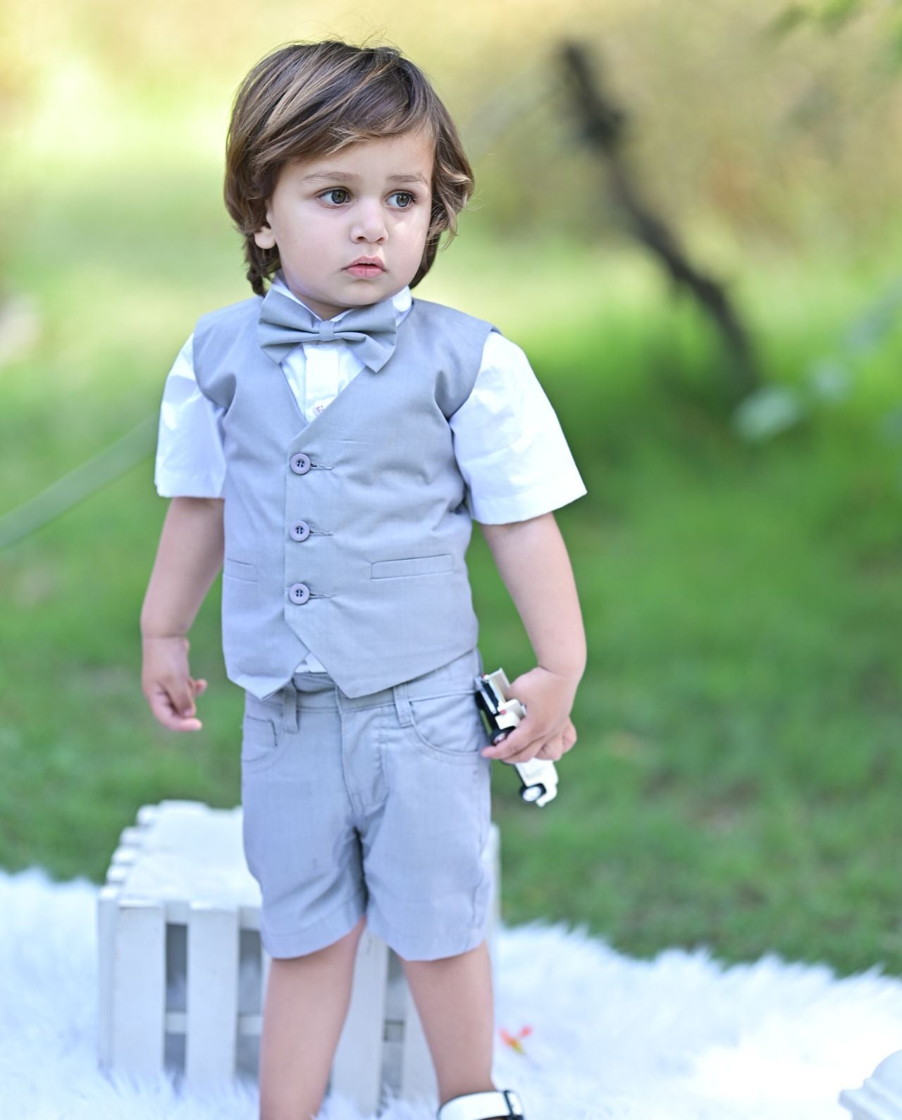 Grey Single Buttoned Waistcoat & Short Set