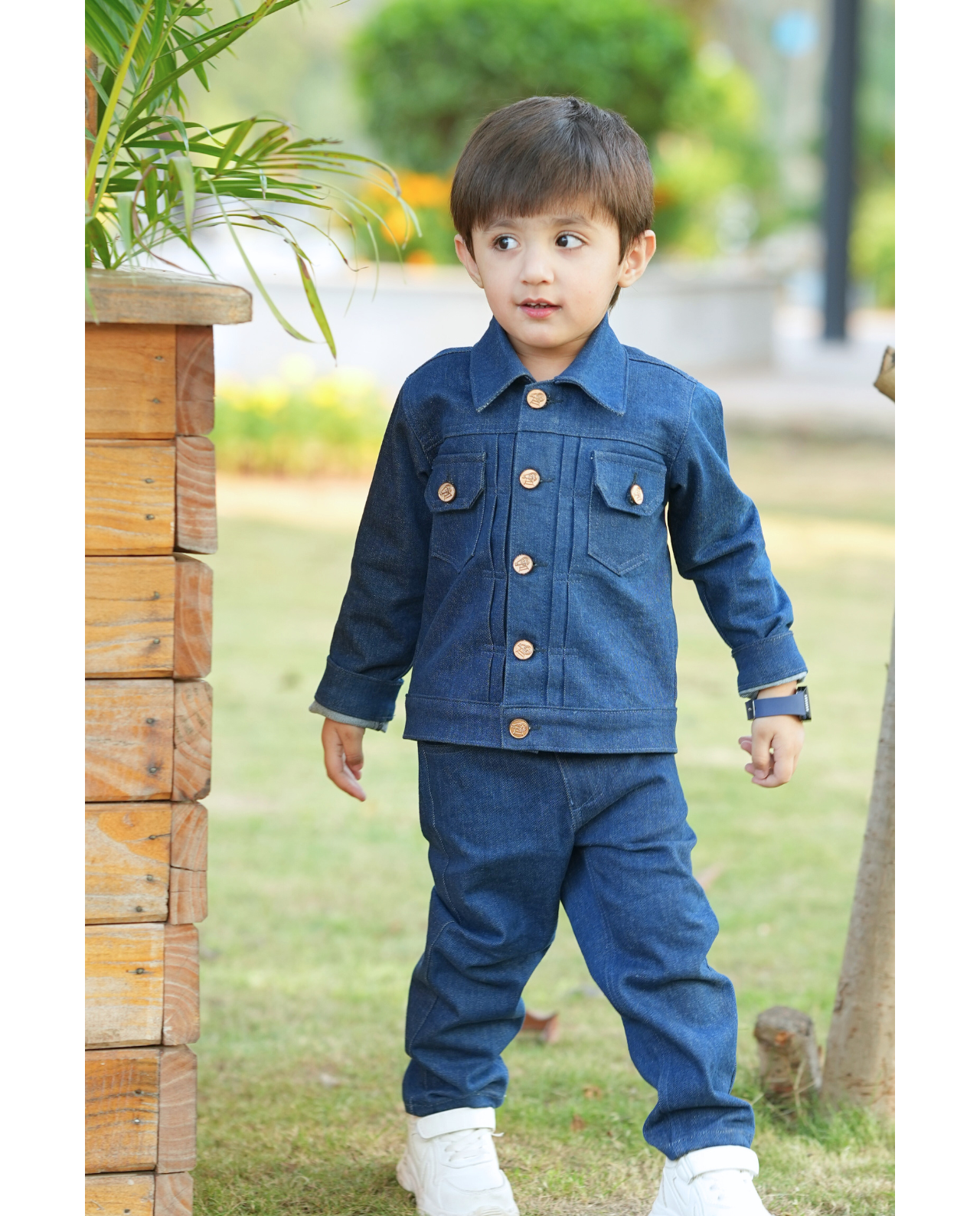 WASHED DOWN BLUE RINSE DENIM PLEATED JACKET WITH MATCHING PANTS CO-ORD SET