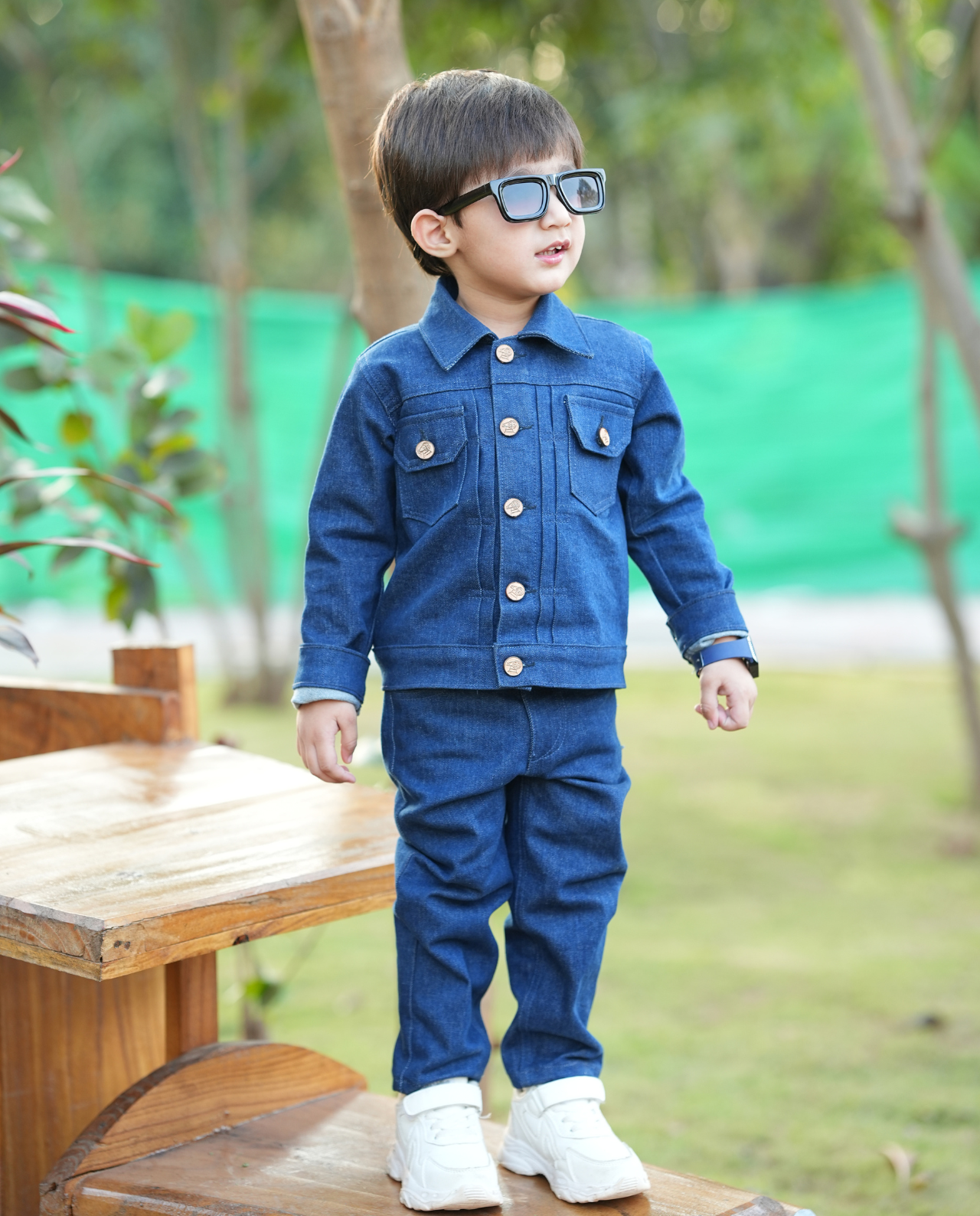 WASHED DOWN BLUE RINSE DENIM PLEATED JACKET WITH MATCHING PANTS CO-ORD SET