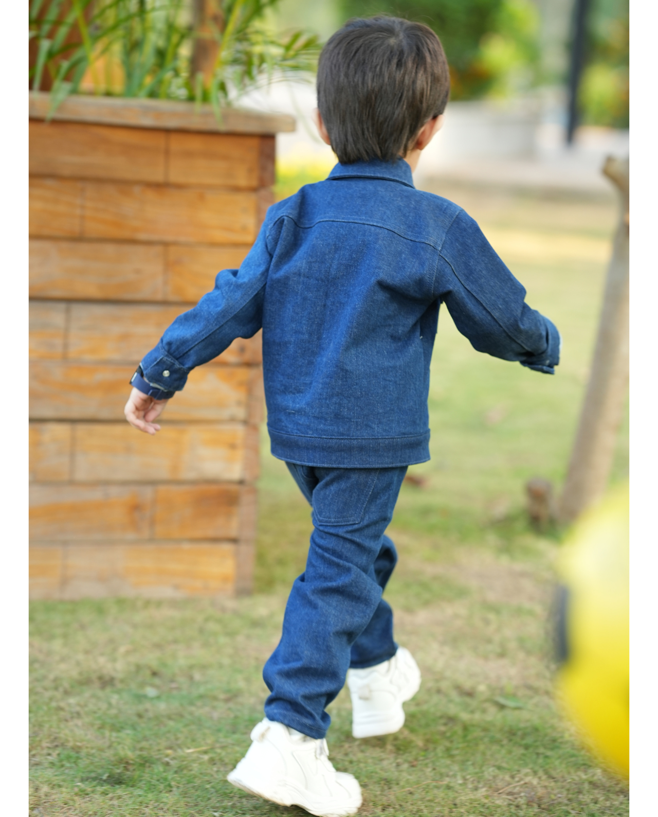 WASHED DOWN BLUE RINSE DENIM PLEATED JACKET WITH MATCHING PANTS CO-ORD SET
