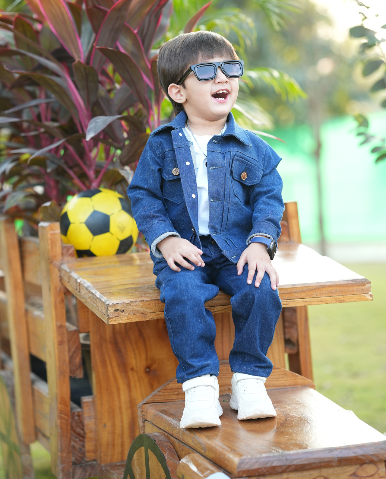 WASHED DOWN BLUE RINSE DENIM PLEATED JACKET WITH MATCHING PANTS CO-ORD SET