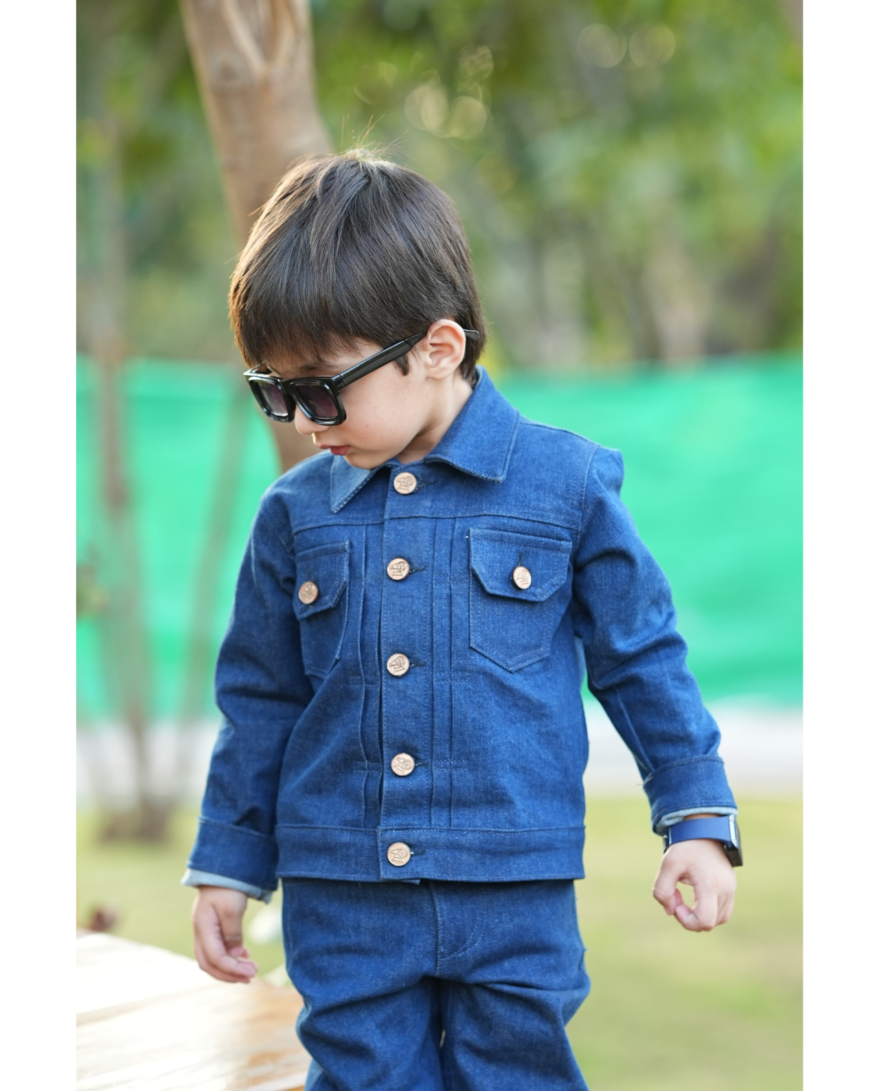 WASHED DOWN BLUE RINSE DENIM PLEATED JACKET WITH MATCHING PANTS CO-ORD SET