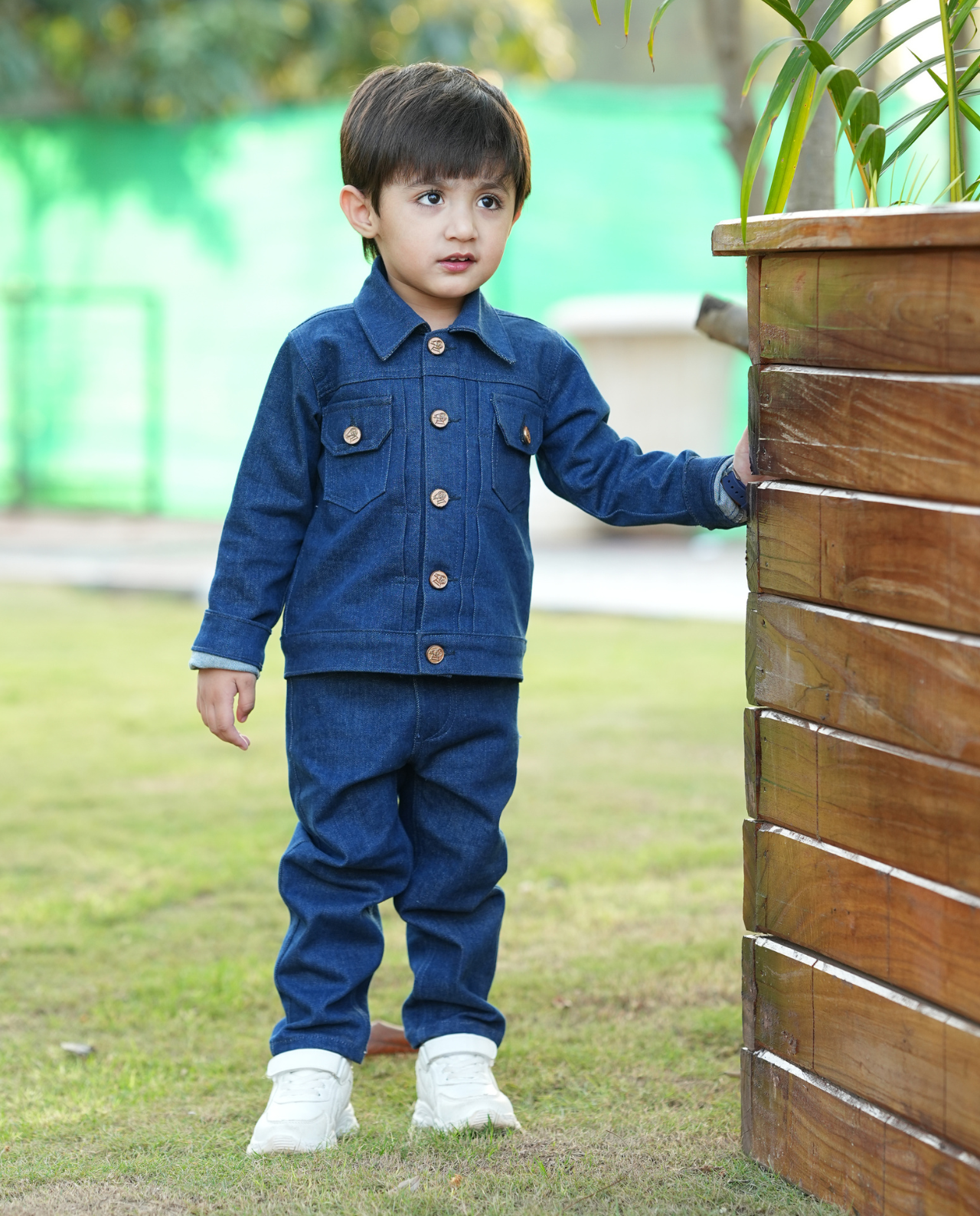 WASHED DOWN BLUE RINSE DENIM PLEATED JACKET WITH MATCHING PANTS CO-ORD SET