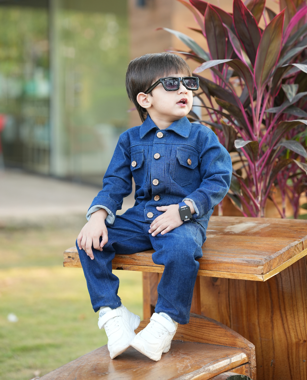 WASHED DOWN BLUE RINSE DENIM PLEATED JACKET WITH MATCHING PANTS CO-ORD SET