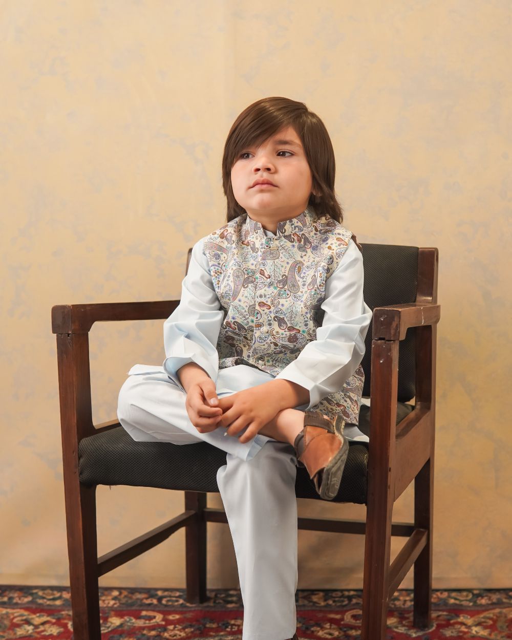 Brown Printed Waistcoat with Cool Blue Kurta & Trouser