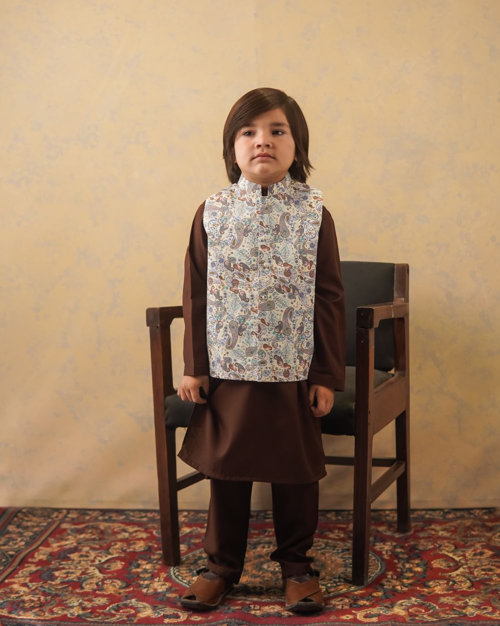 Brown Printed Waistcoat with Brown Kurta & Trouser 