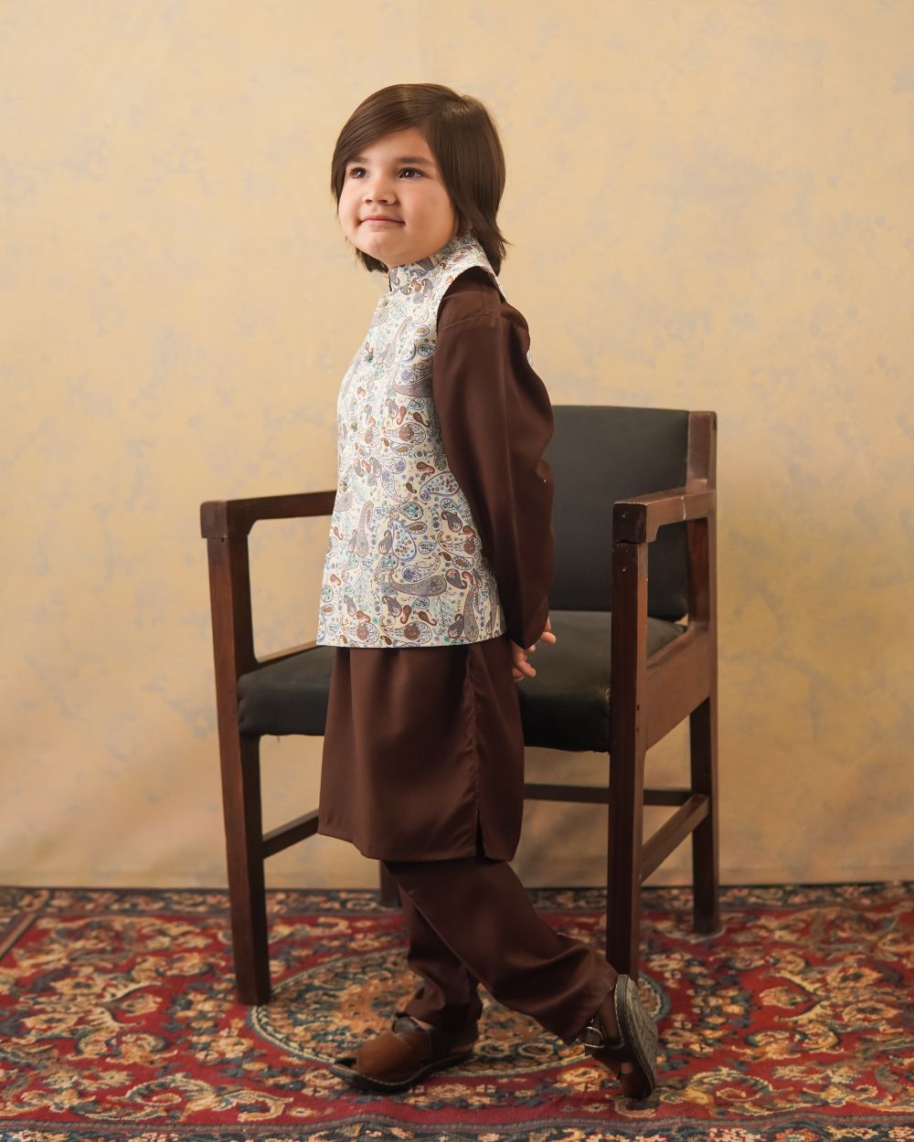 Brown Printed Waistcoat with Brown Kurta & Trouser 