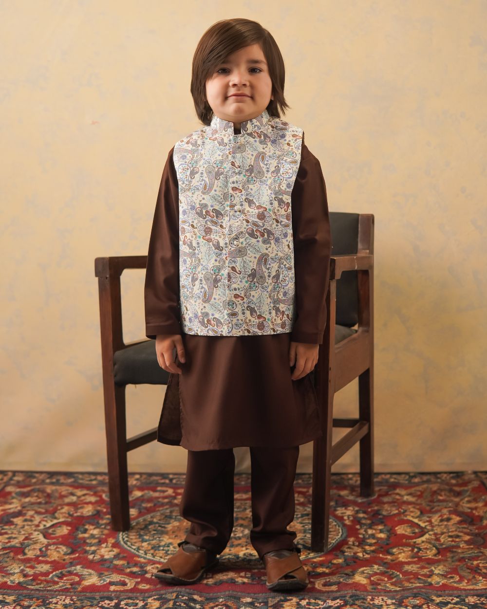 Brown Printed Waistcoat with Brown Kurta & Trouser 