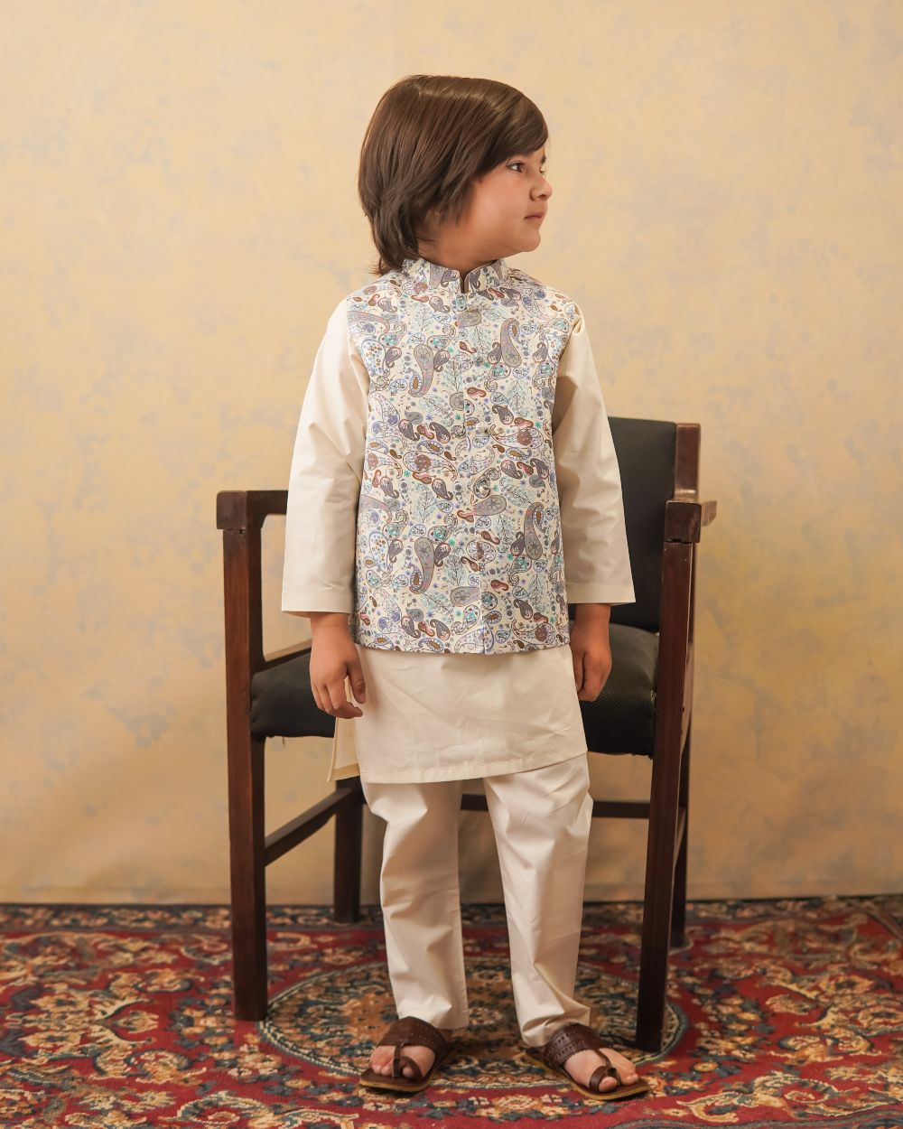 Brown printed Waistcoat with Beige Kurta & Trouser