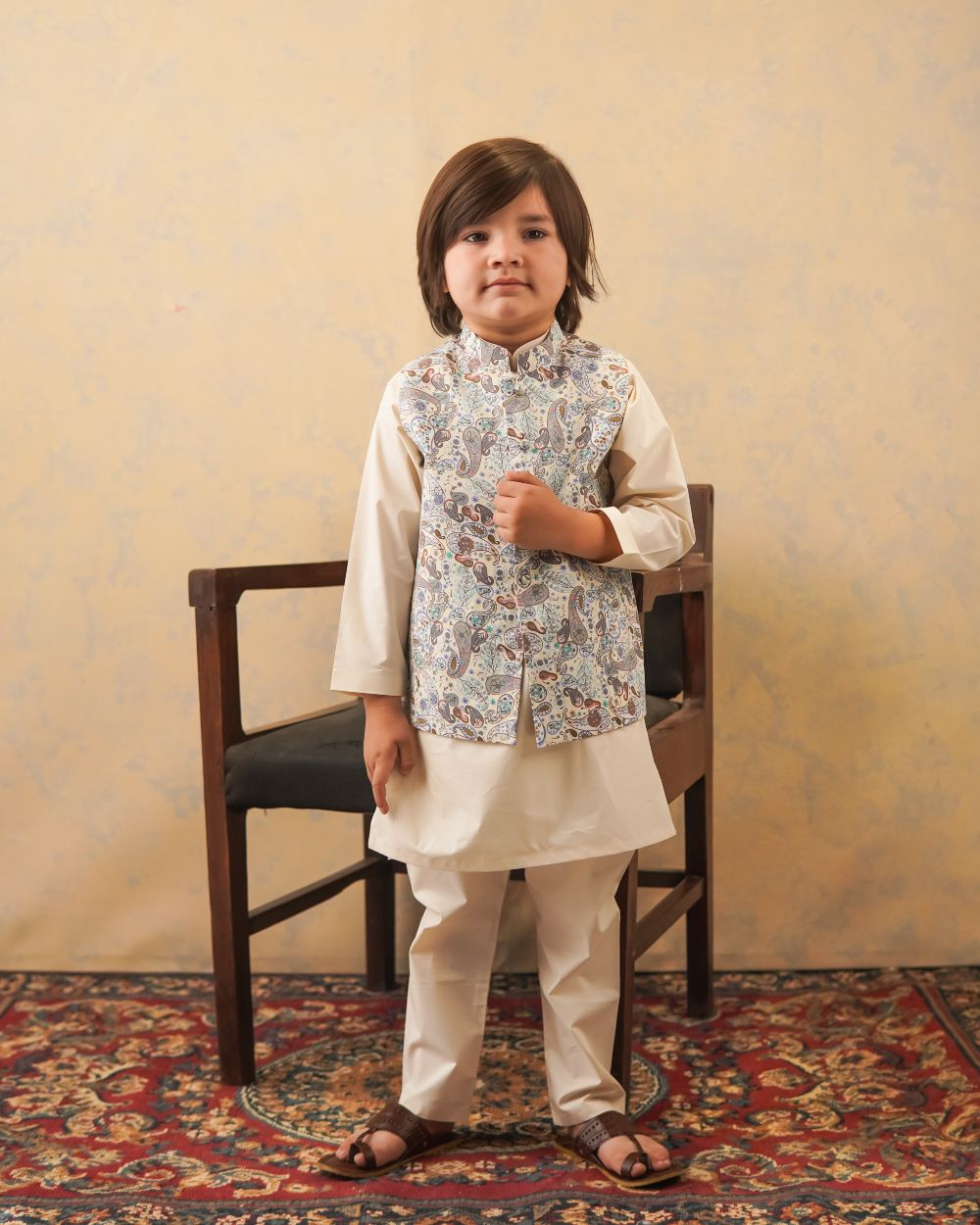 Brown printed Waistcoat with Beige Kurta & Trouser