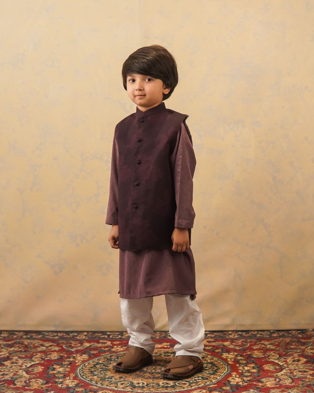 Violet Plum With Melange Kurta & White Trouser Set (3 pc) 