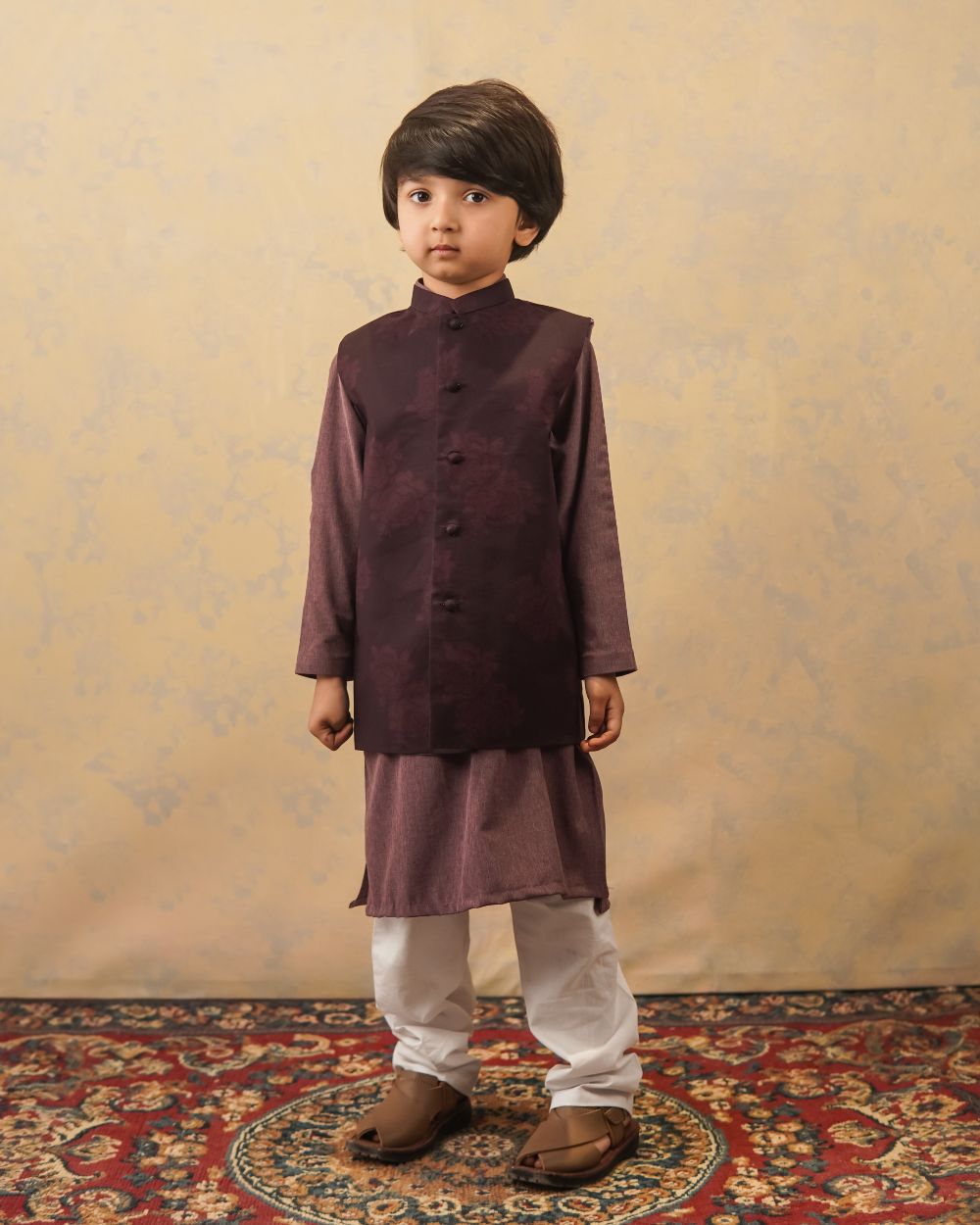 Violet Plum With Melange Kurta & White Trouser Set (3 pc) 