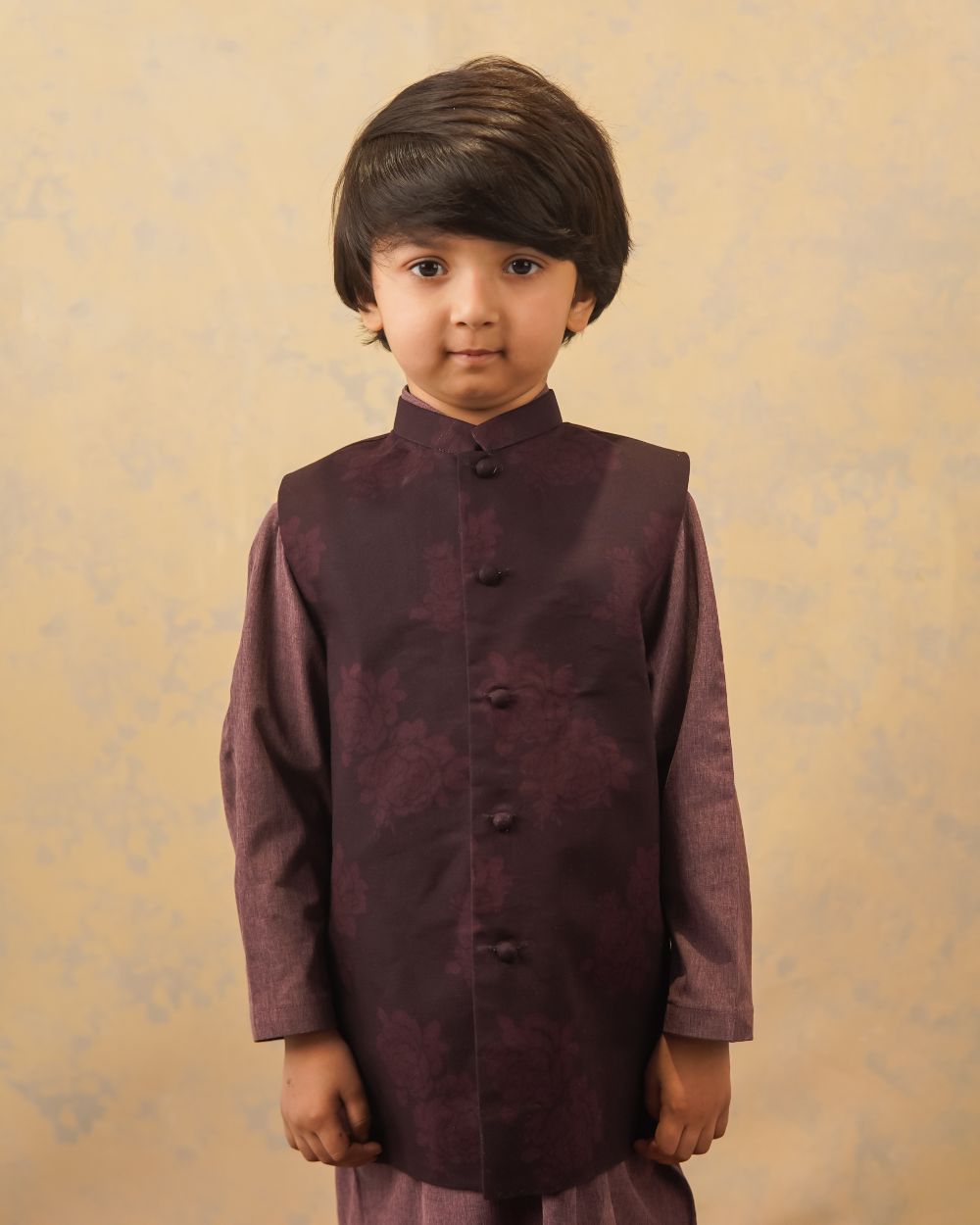 Violet Plum With Melange Kurta & White Trouser Set (3 pc) 