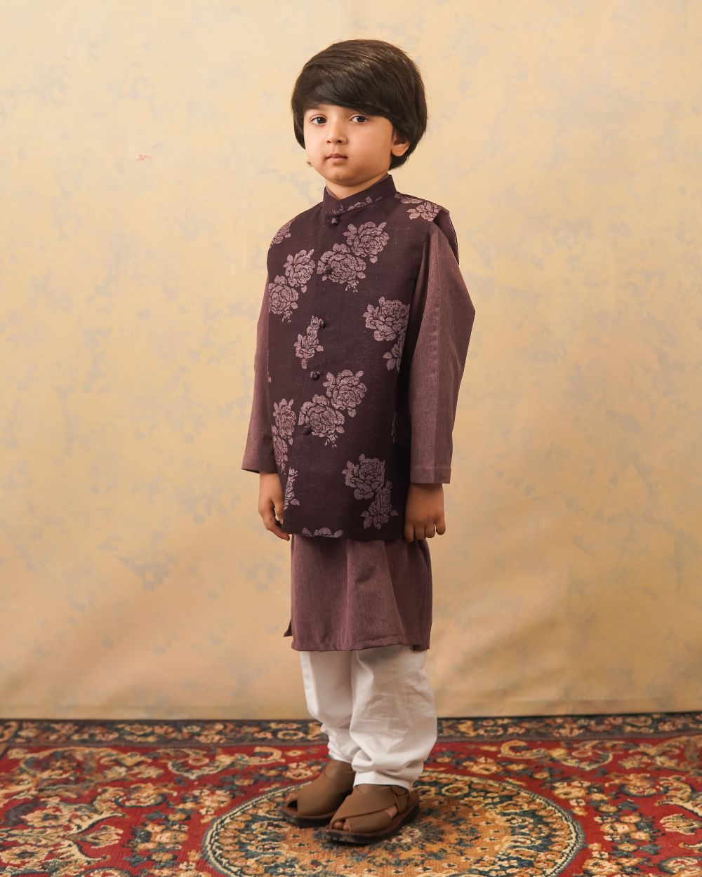 Floral Plum Waistcoat with Melange Kurta & White Trouser