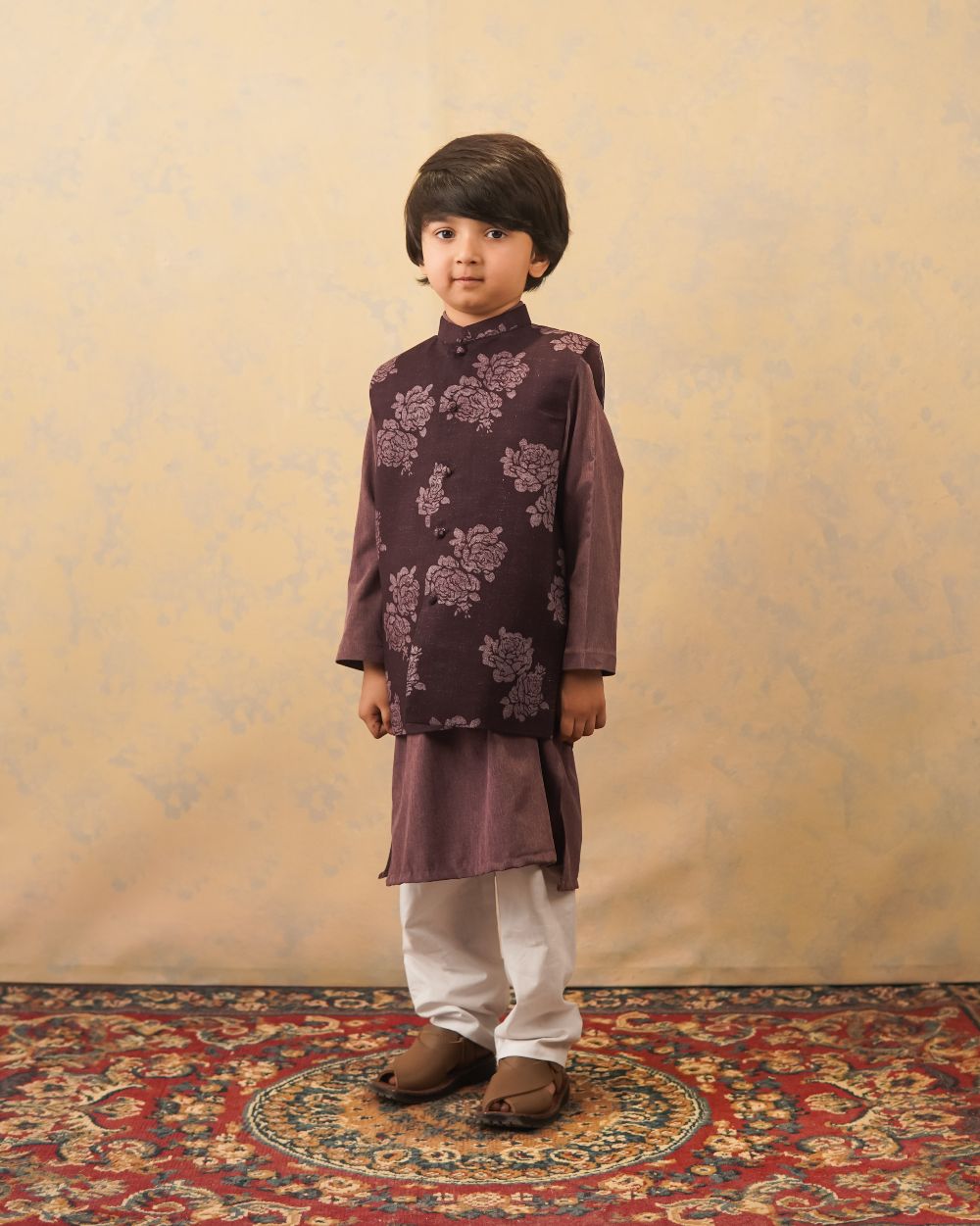 Floral Plum Waistcoat with Melange Kurta & White Trouser