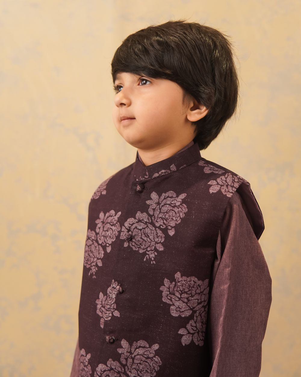 Floral Plum Waistcoat with Melange Kurta & White Trouser