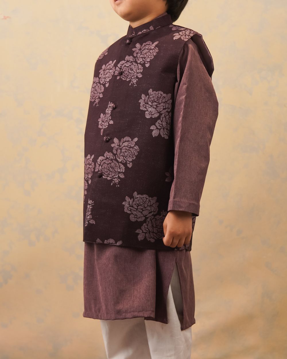 Floral Plum Waistcoat with Melange Kurta & White Trouser