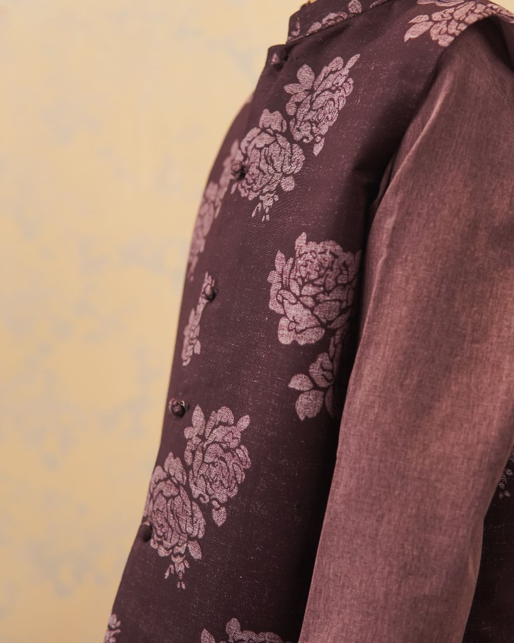 Floral Plum Waistcoat with Melange Kurta & White Trouser