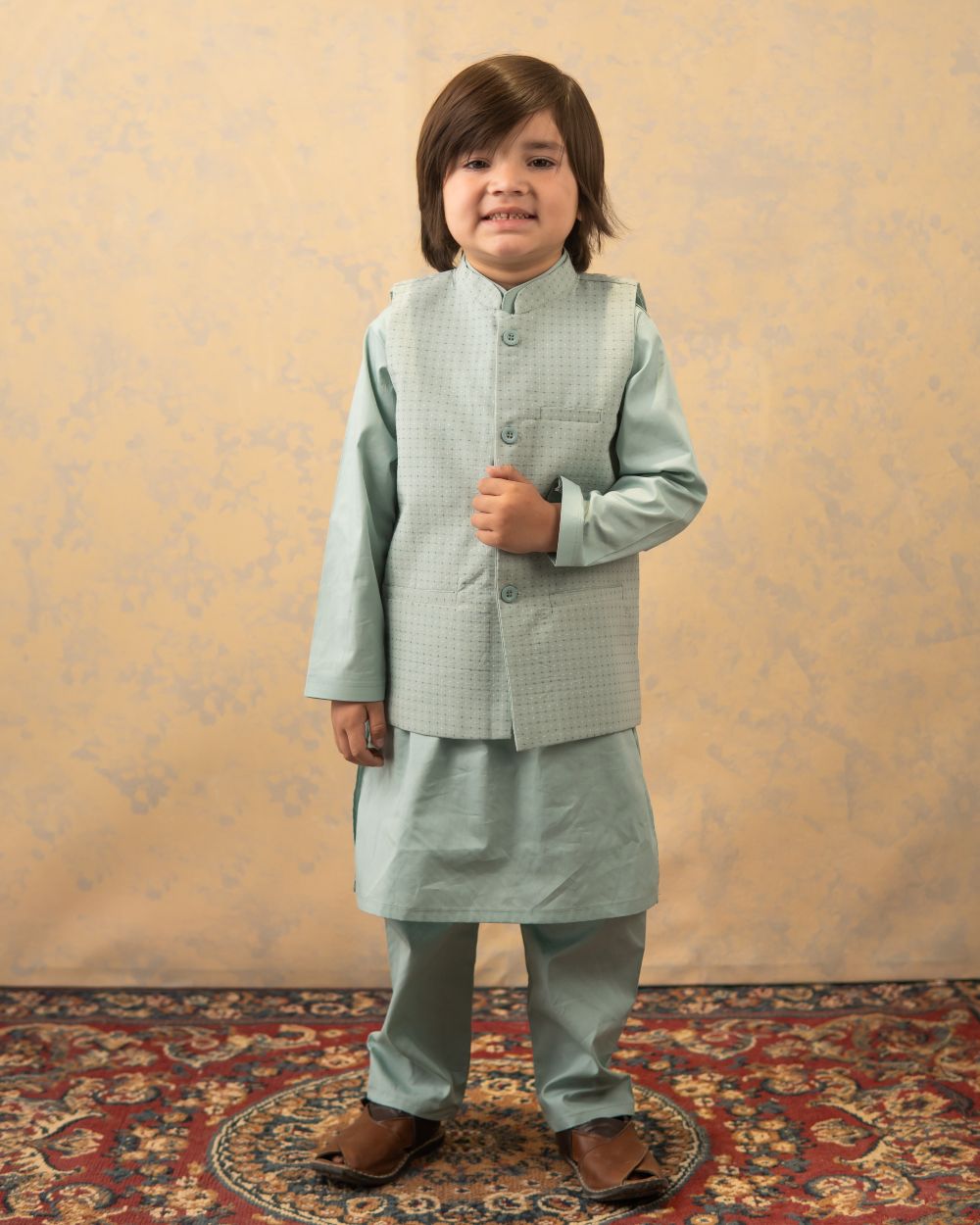 Mint Green Brochia Waistcoat with Matching Kurta & Trouser Set