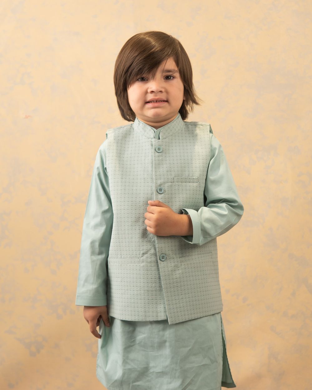 Mint Green Brochia Waistcoat with Matching Kurta & Trouser Set