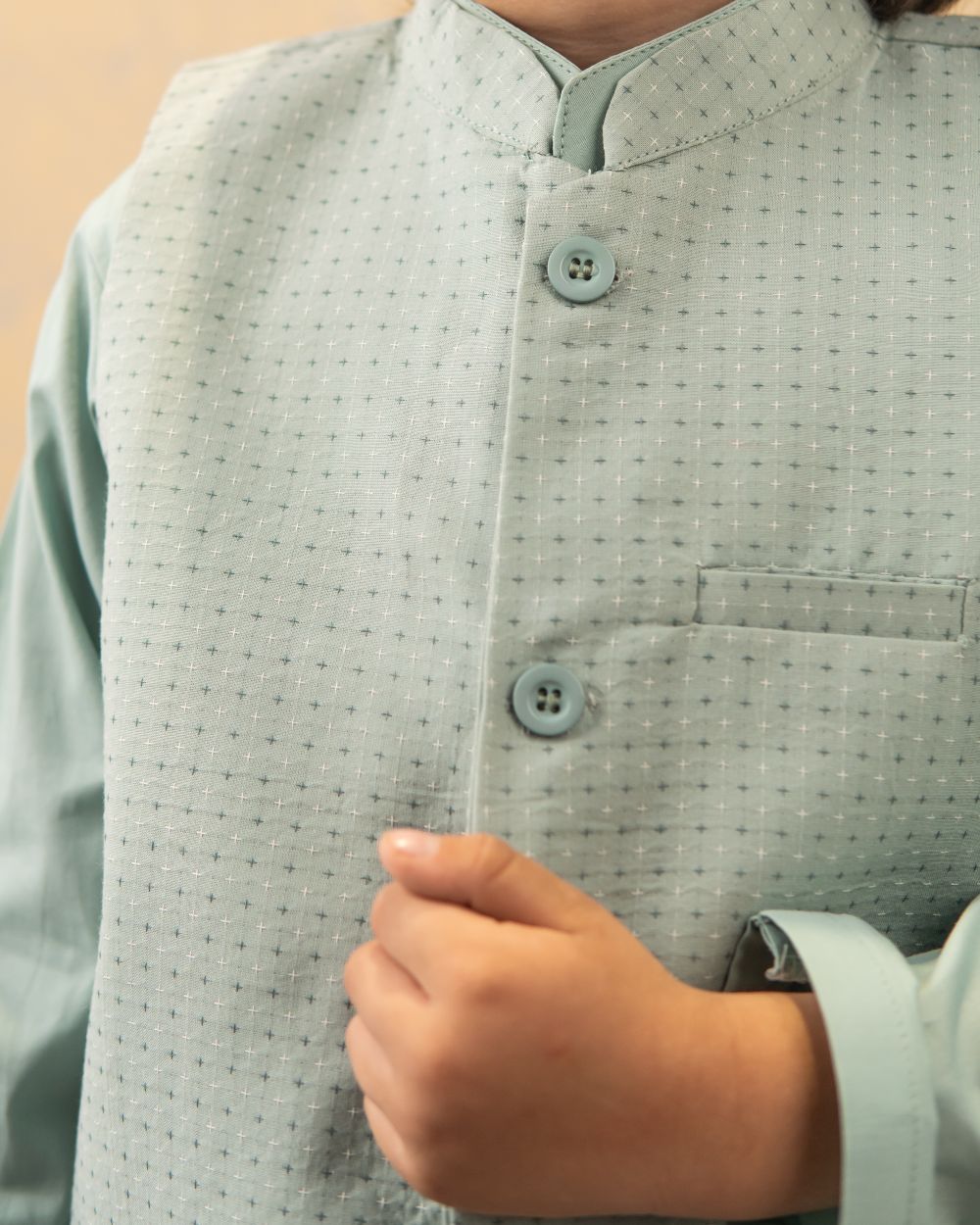 Mint Green Brochia Waistcoat with Matching Kurta & Trouser Set