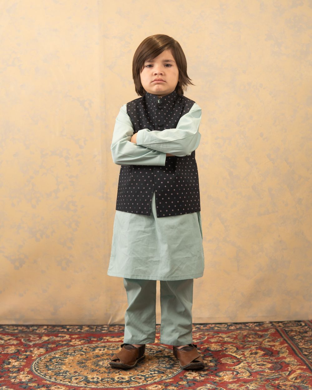 Black Printed Waistcoat with Mint Green Kurta & Trouser Set