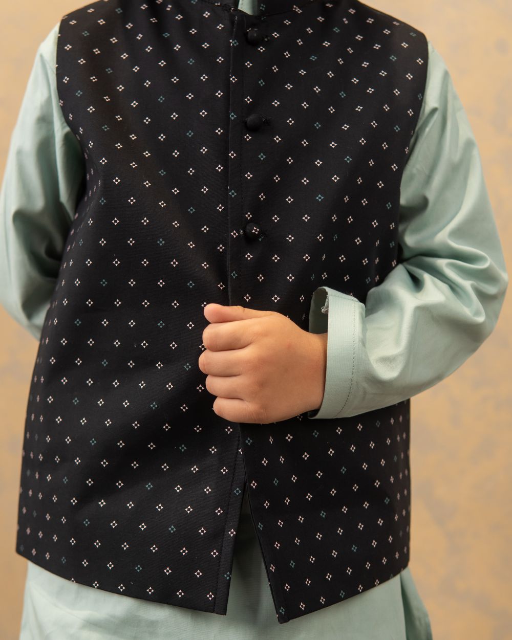 Black Printed Waistcoat with Mint Green Kurta & Trouser Set