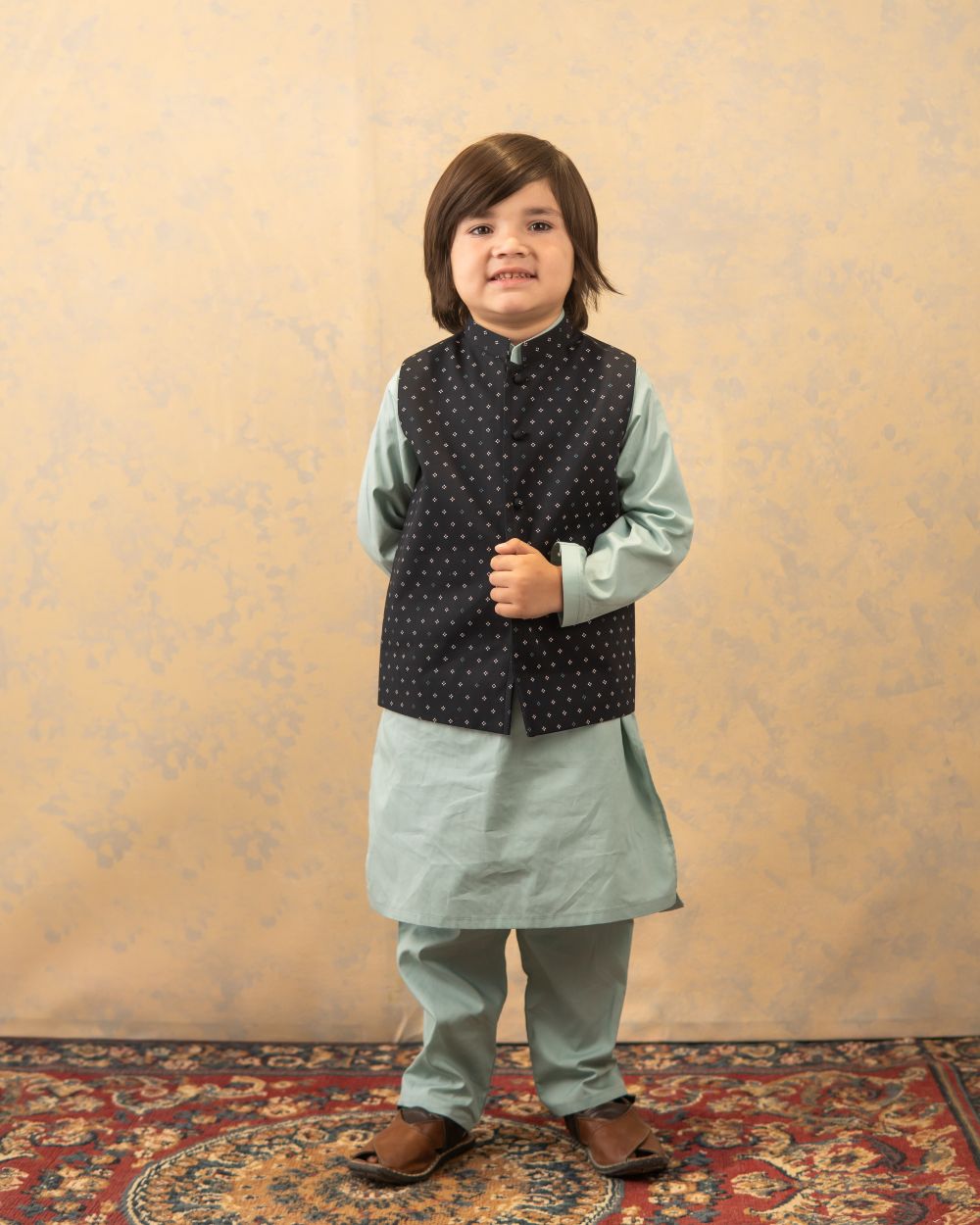 Black Printed Waistcoat with Mint Green Kurta & Trouser Set