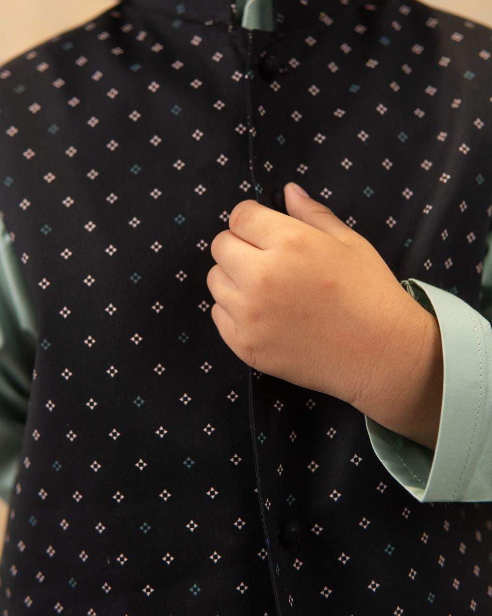 Black Printed Waistcoat with Mint Green Kurta & Trouser Set