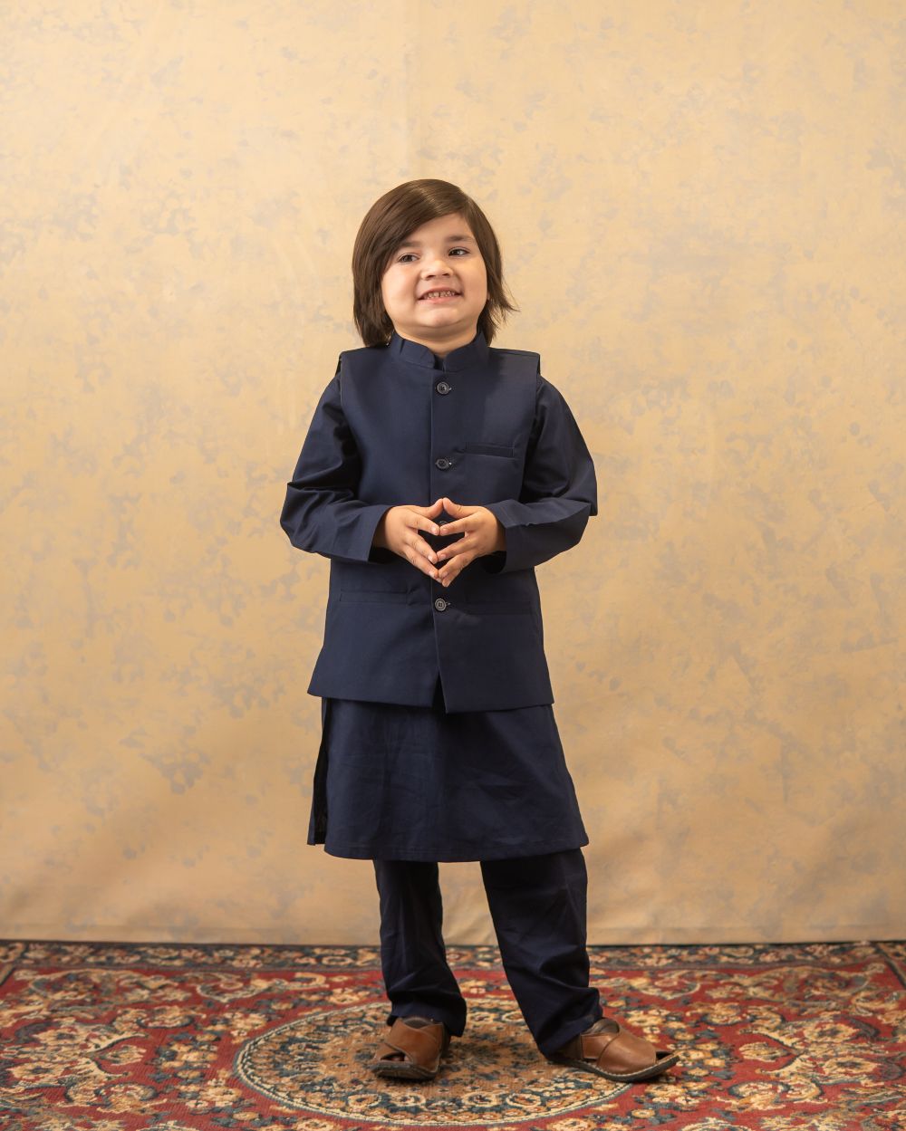 Navy Blue Kurta, Trouser and Waistcoat (3 pc)