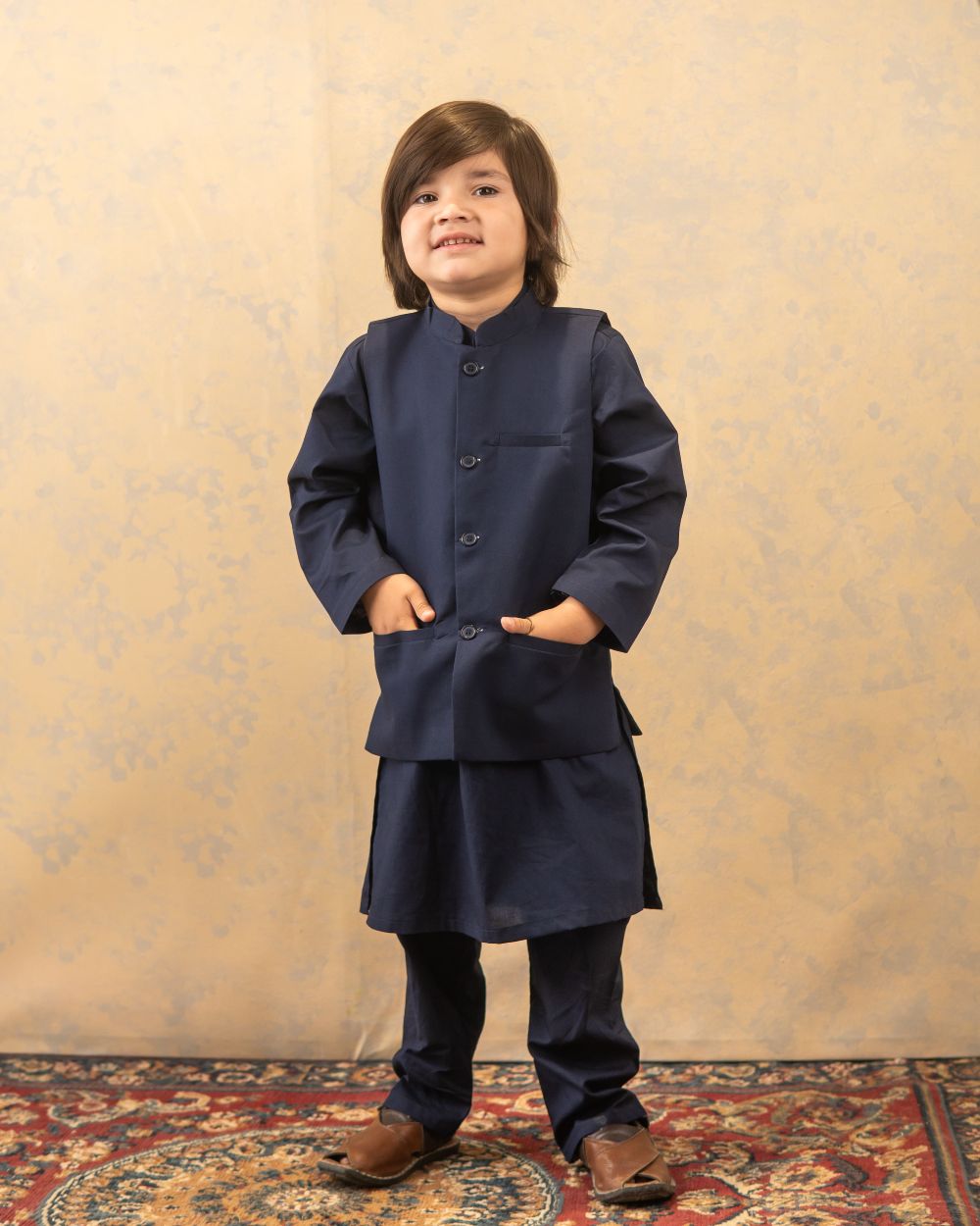 Navy Blue Kurta, Trouser and Waistcoat (3 pc)