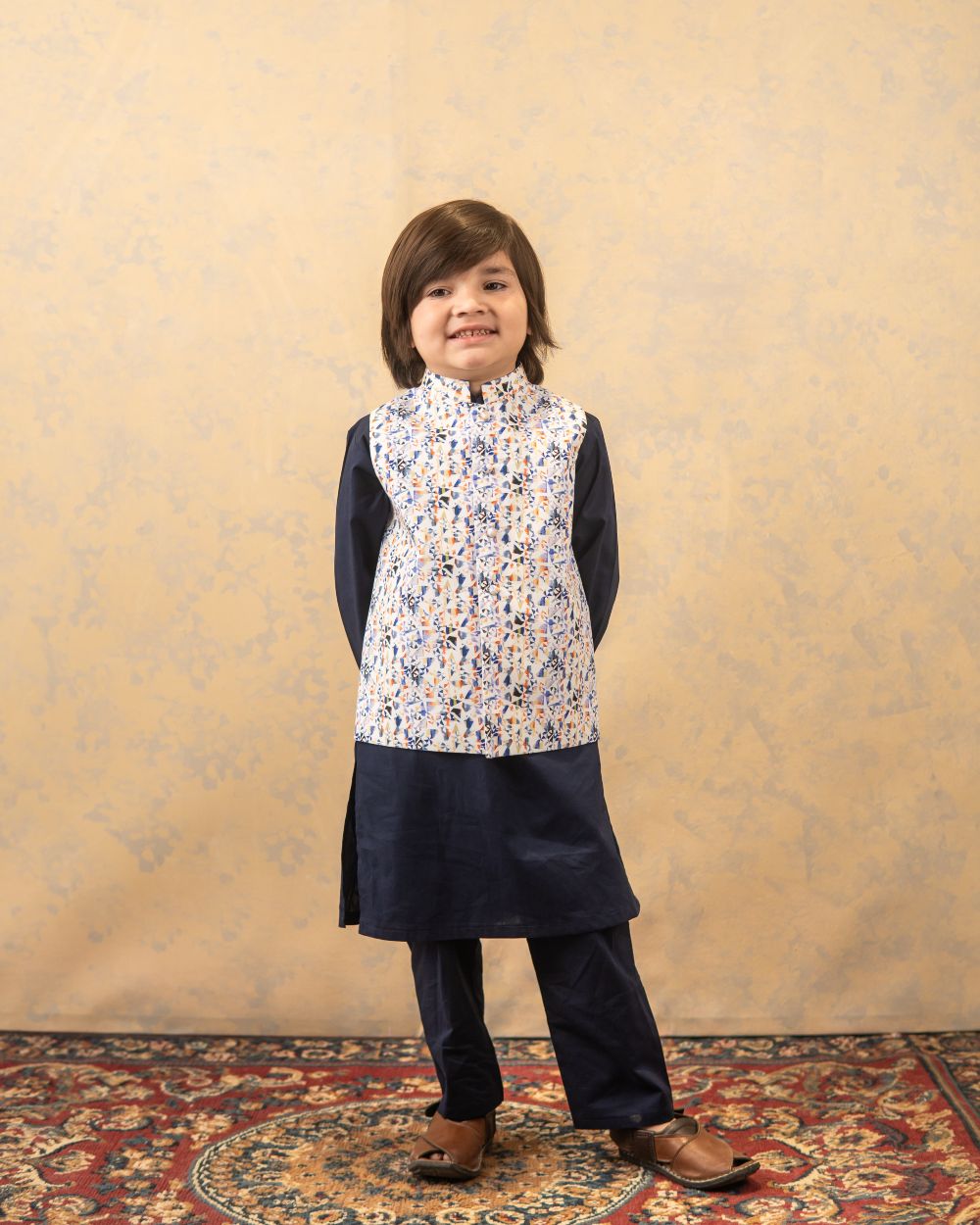 Multi Color Printed Waistcoat with Navy Blue Kurta & Trouser 