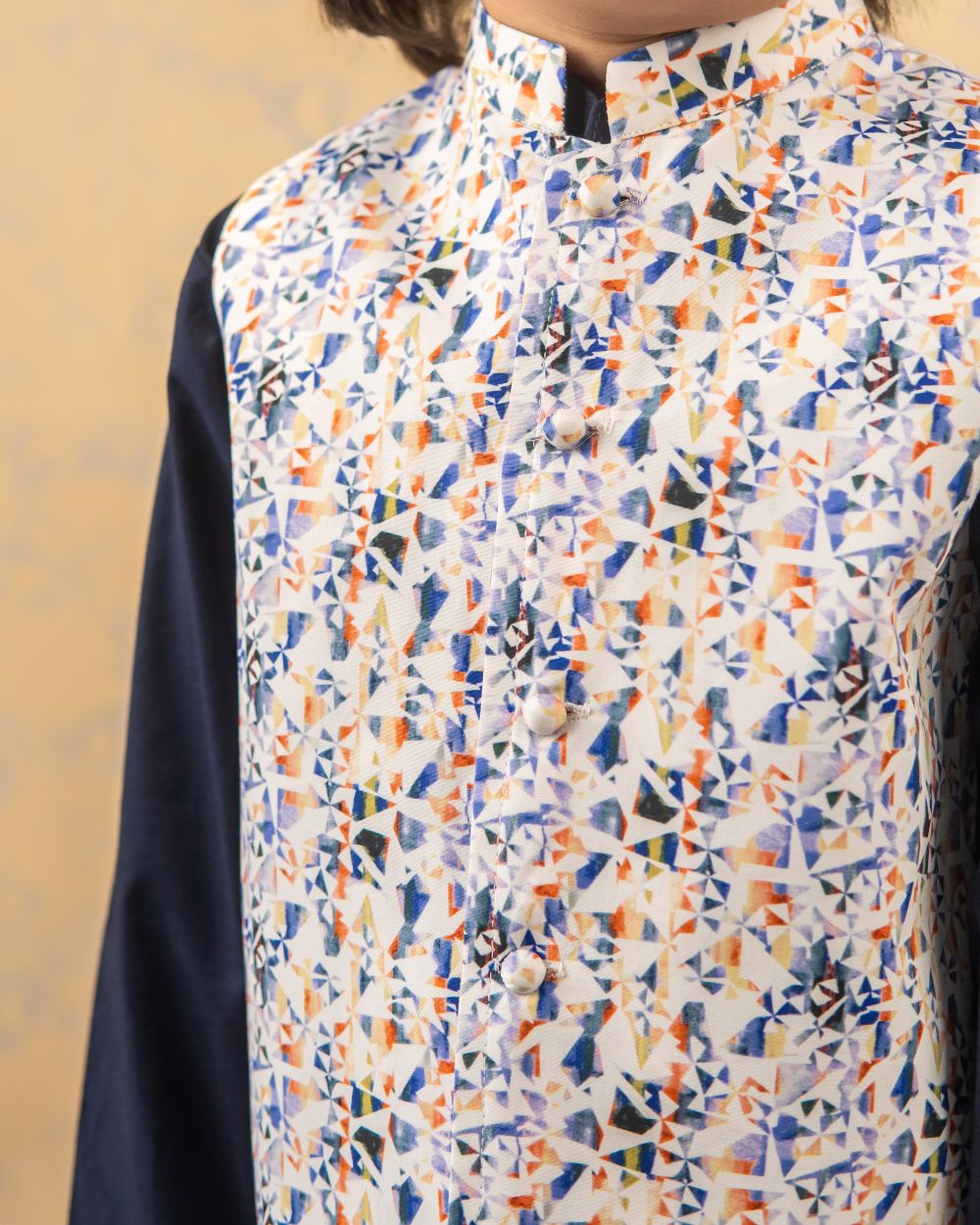 Multi Color Printed Waistcoat with Navy Blue Kurta & Trouser 