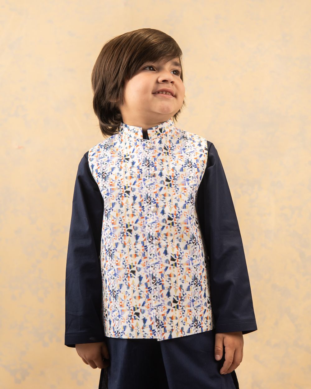 Multi Color Printed Waistcoat with Navy Blue Kurta & Trouser 