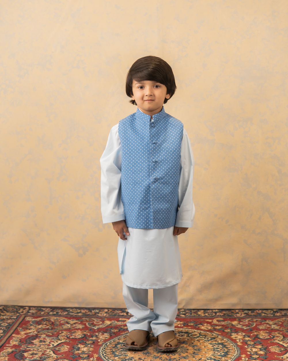 Light blue Kurta & Trouser with Blue White Motif Waistcoat (3 pc)