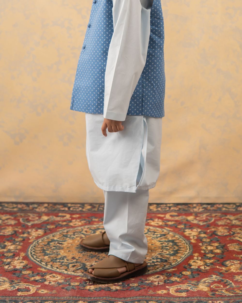 Light blue Kurta & Trouser with Blue White Motif Waistcoat (3 pc)