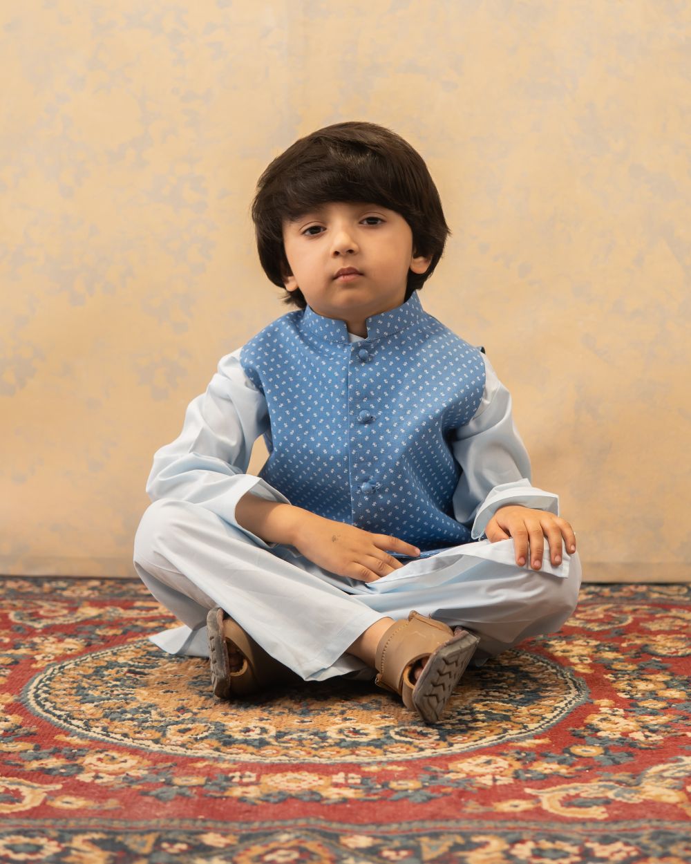 Light blue Kurta & Trouser with Blue White Motif Waistcoat (3 pc)