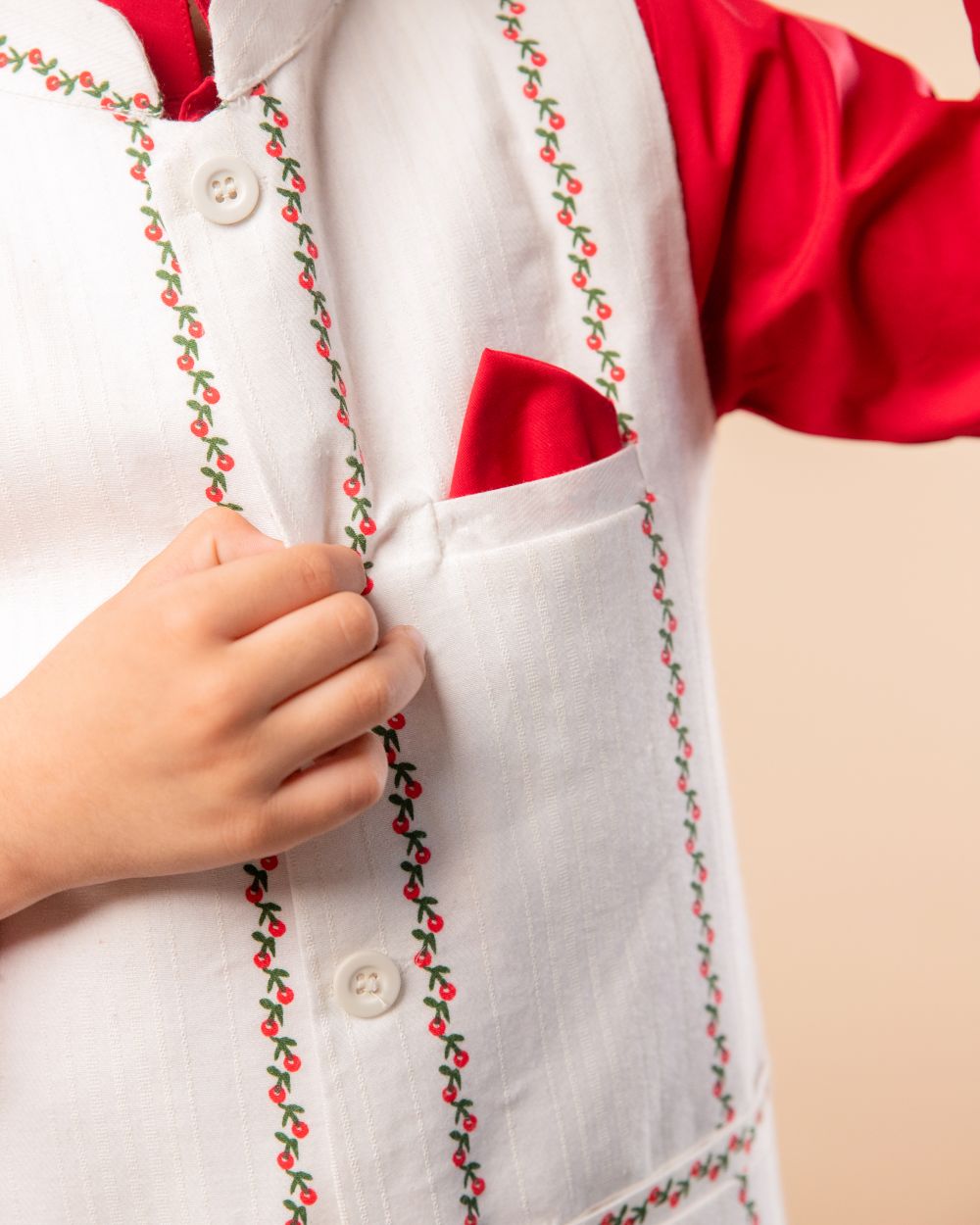 Red Kurta, White Trouser and White Printed Waistcoat Set