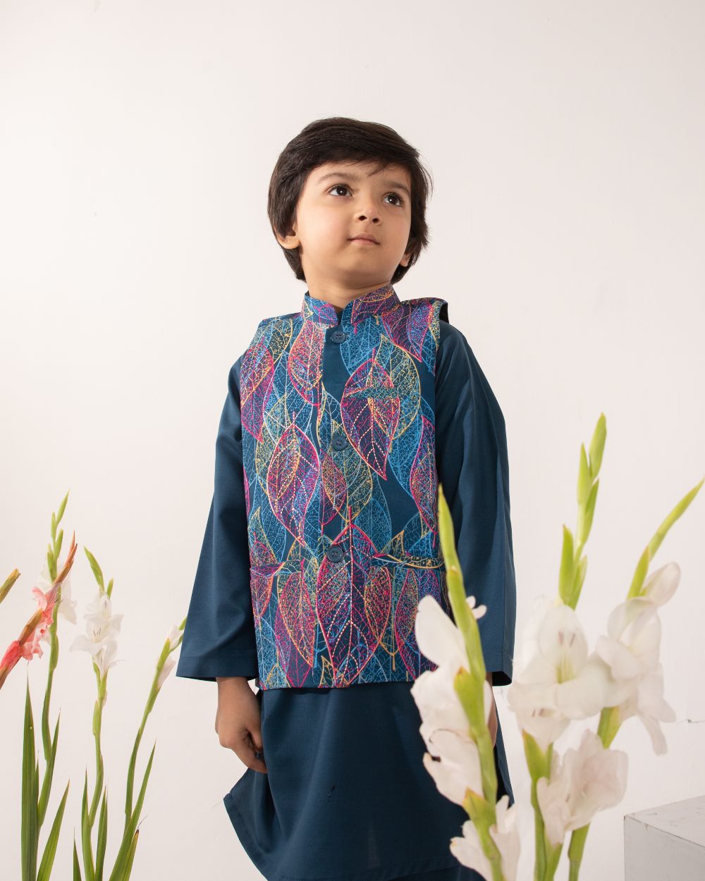 Navy Blue Kurta, Navy Blue Trouser & Printed Waistcoat