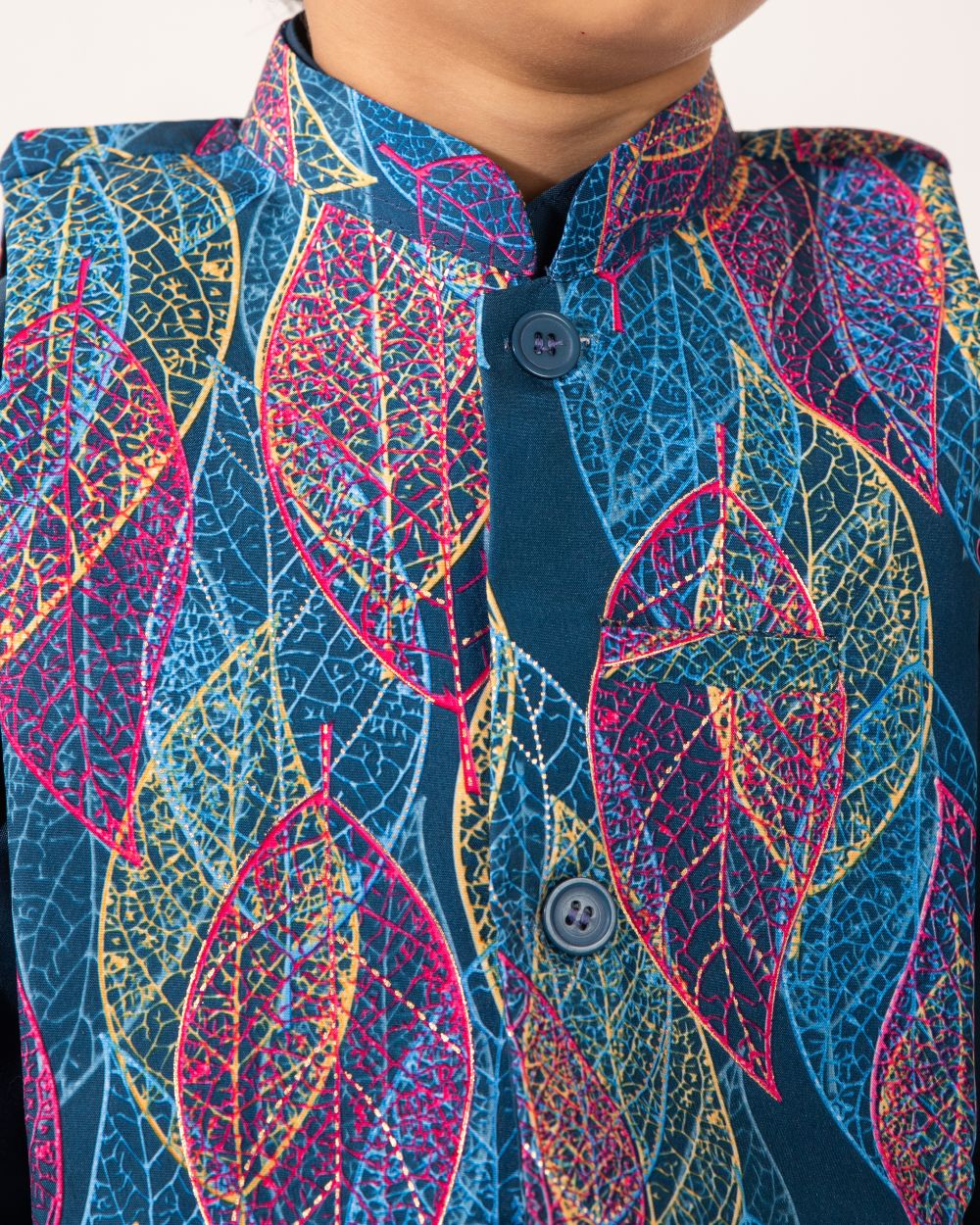Navy Blue Kurta, Navy Blue Trouser & Printed Waistcoat