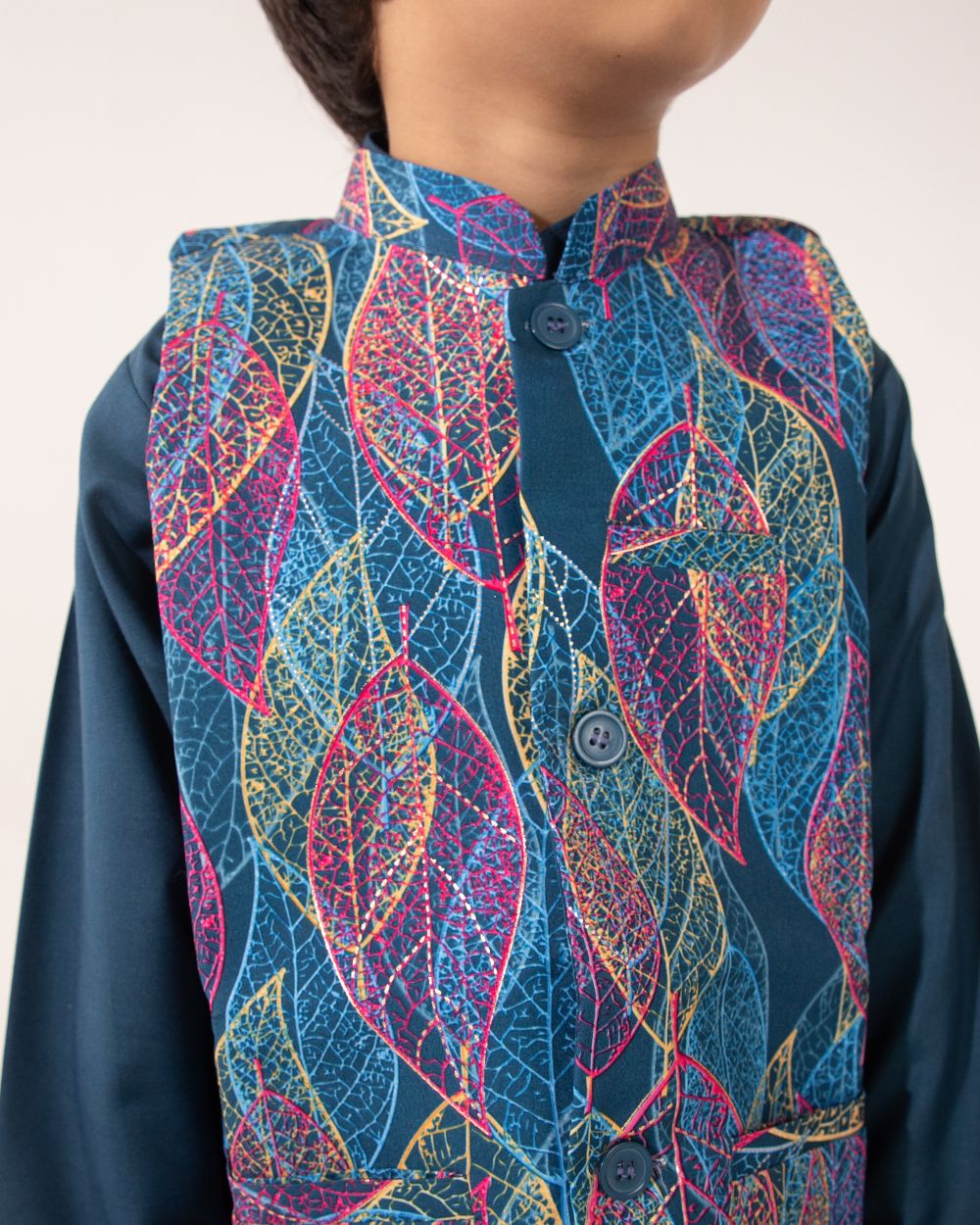 Navy Blue Kurta, Navy Blue Trouser & Printed Waistcoat