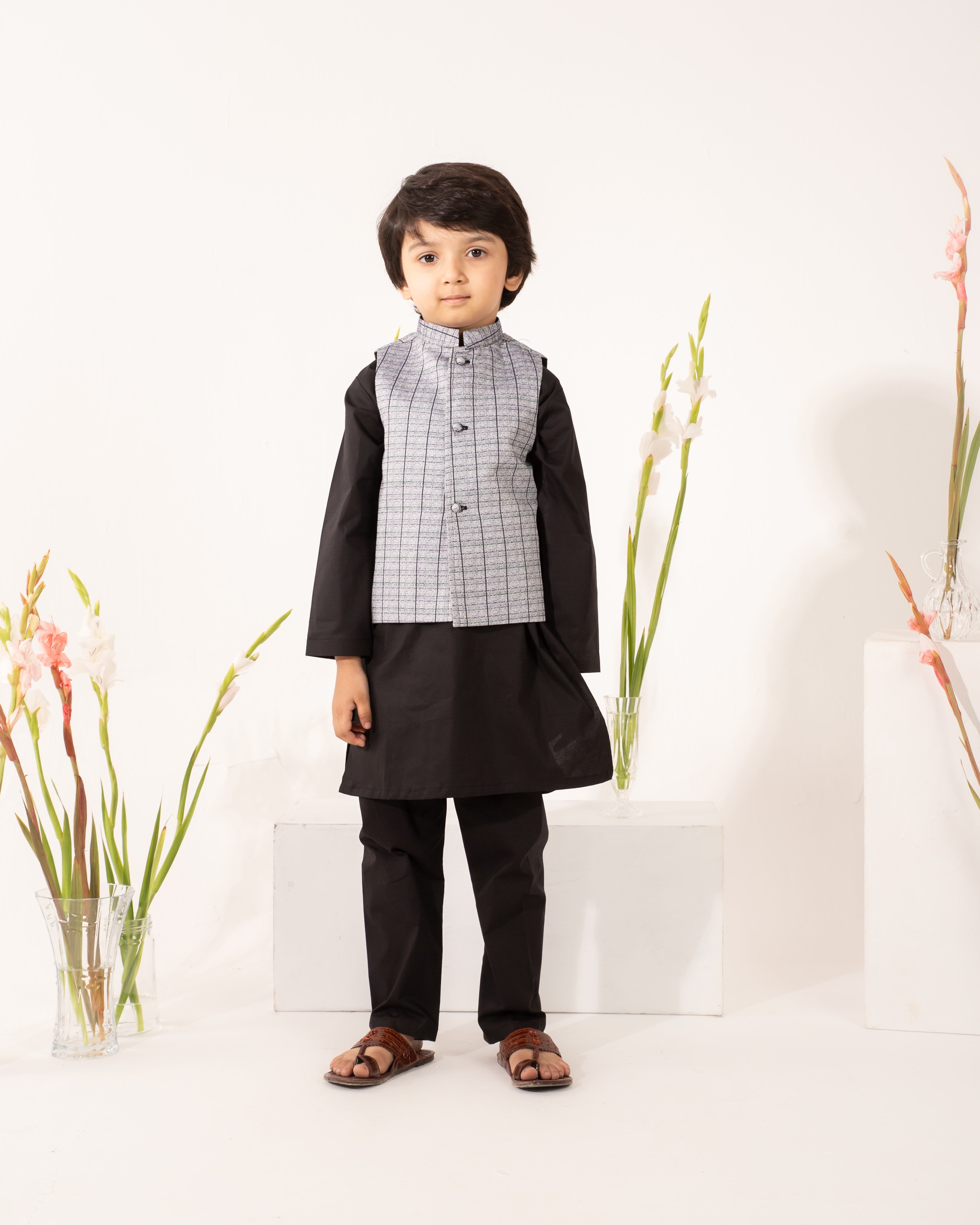 Ash Grey Textured Waistcoat with Black Kurta & Trouser (3 pc)