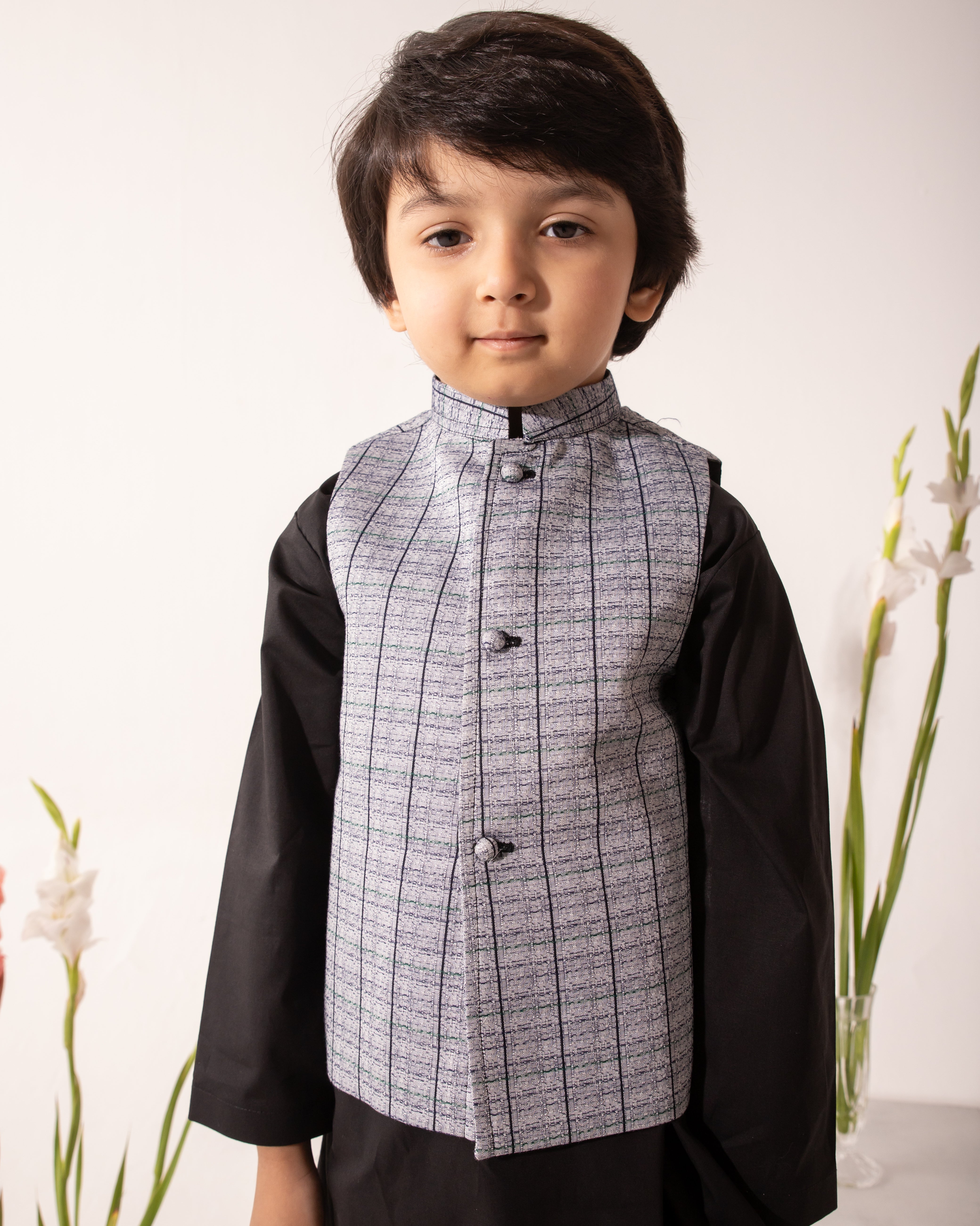 Ash Grey Textured Waistcoat with Black Kurta & Trouser (3 pc)