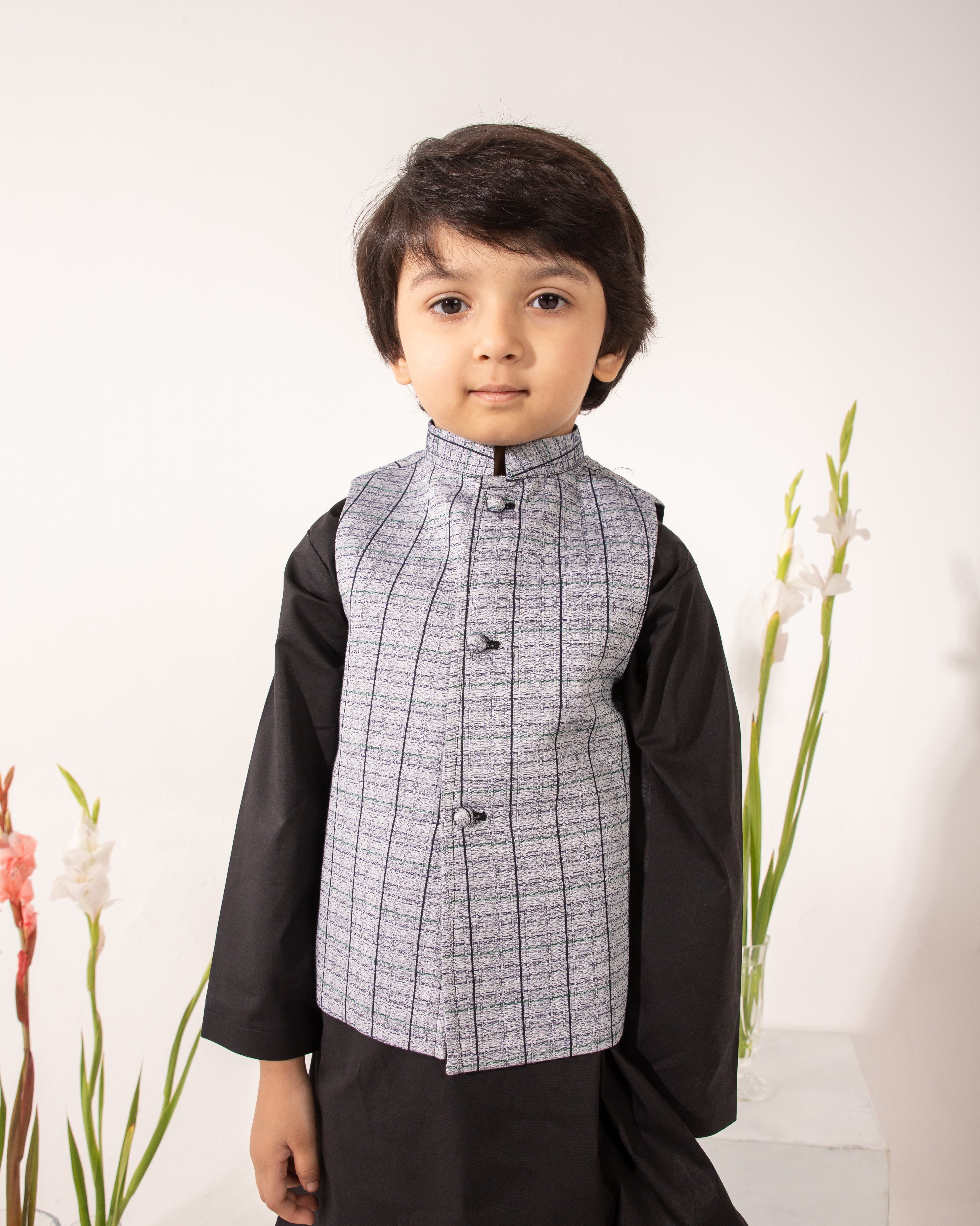 Ash Grey Textured Waistcoat with Black Kurta & Trouser (3 pc)