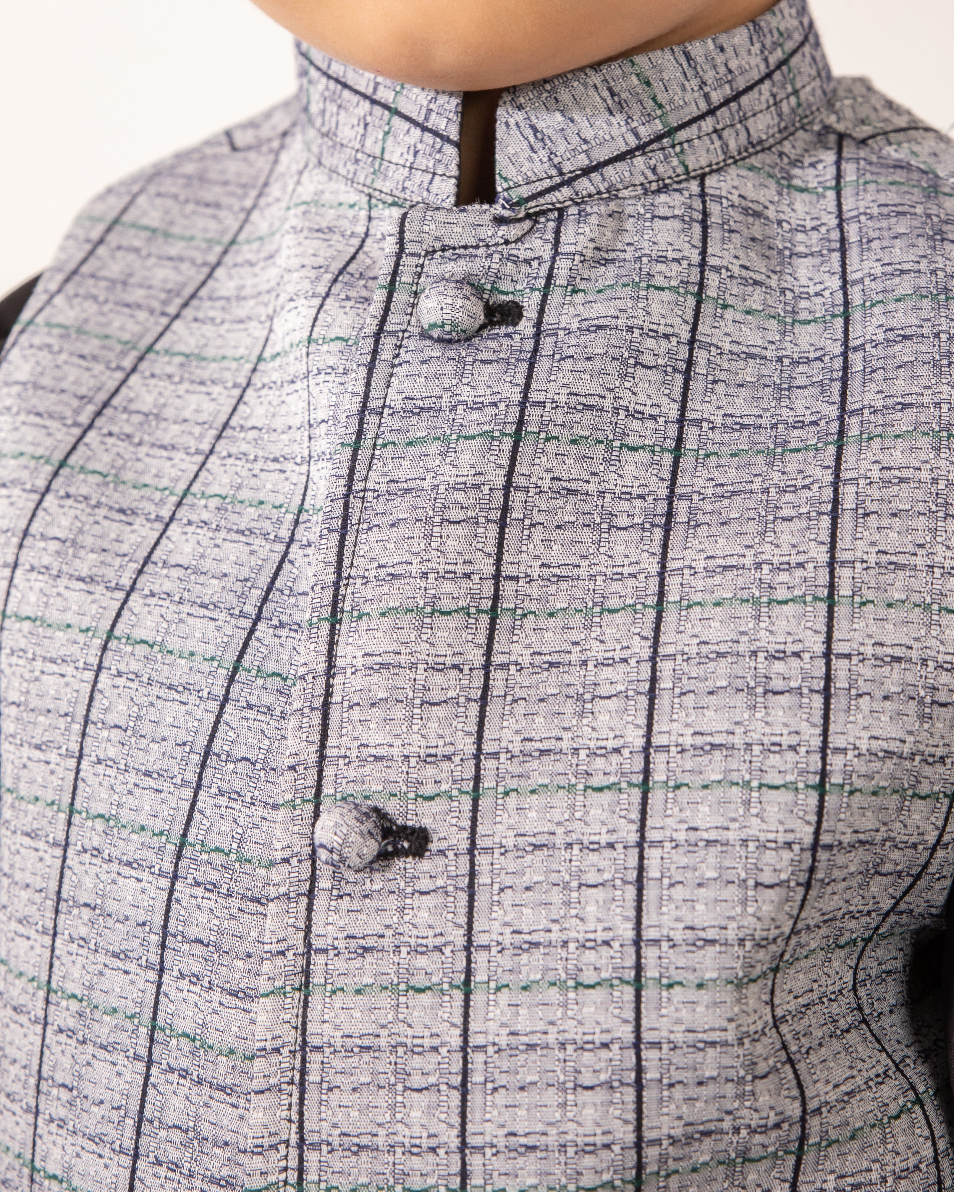 Ash Grey Textured Waistcoat with Black Kurta & Trouser (3 pc)