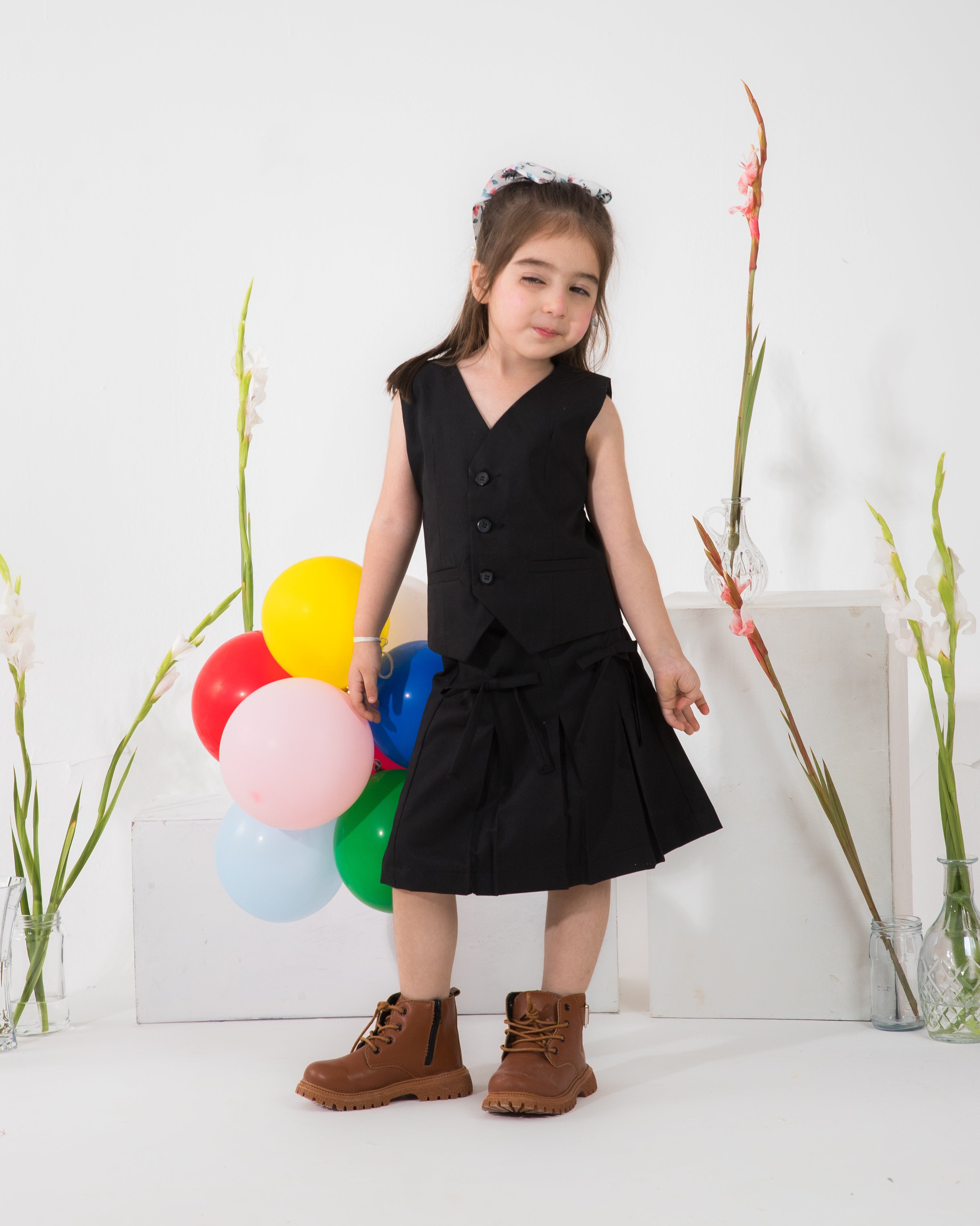 Girls Black Vest & Skirt Set