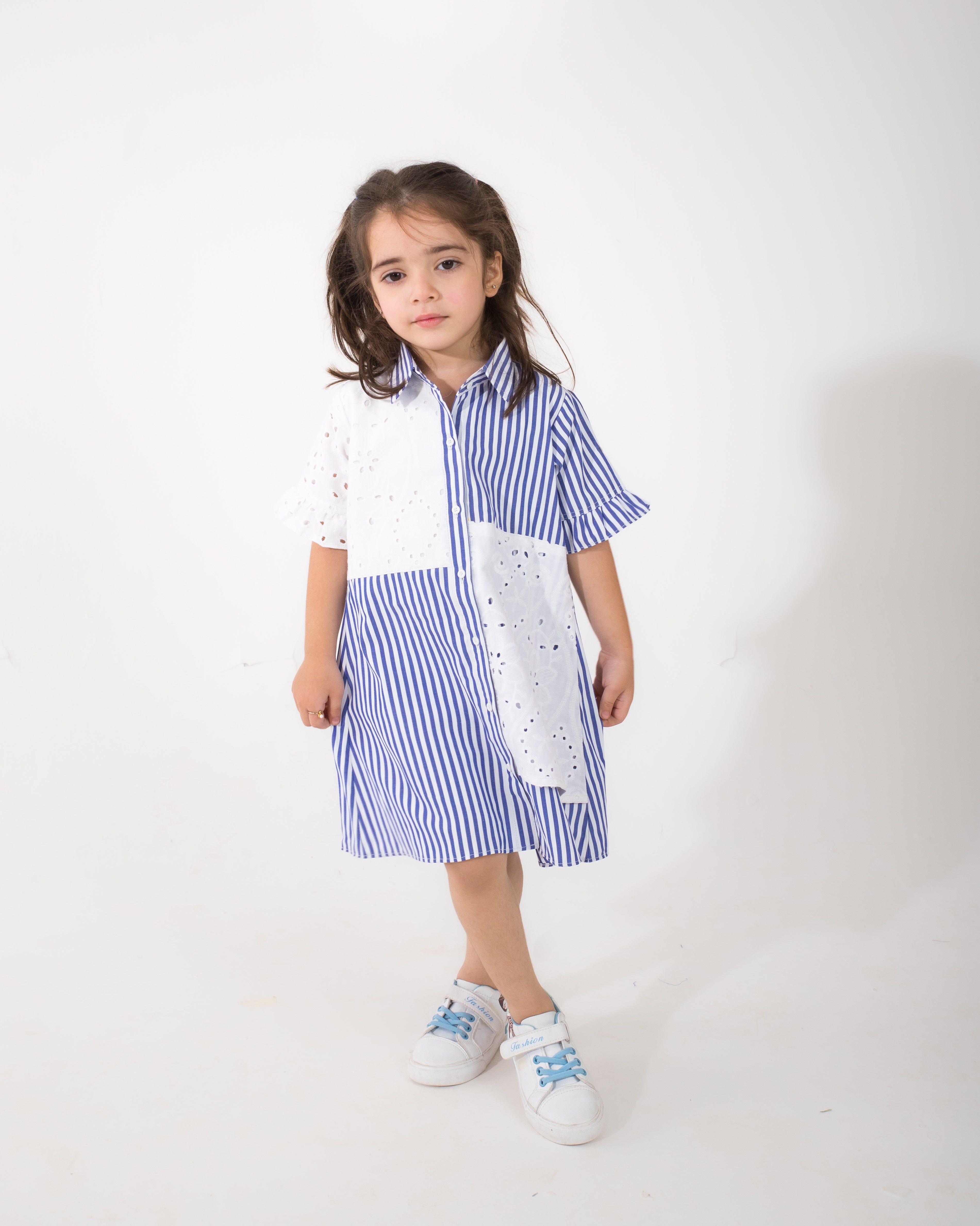 Blue & White Striped Frock with Chikankari Detailing