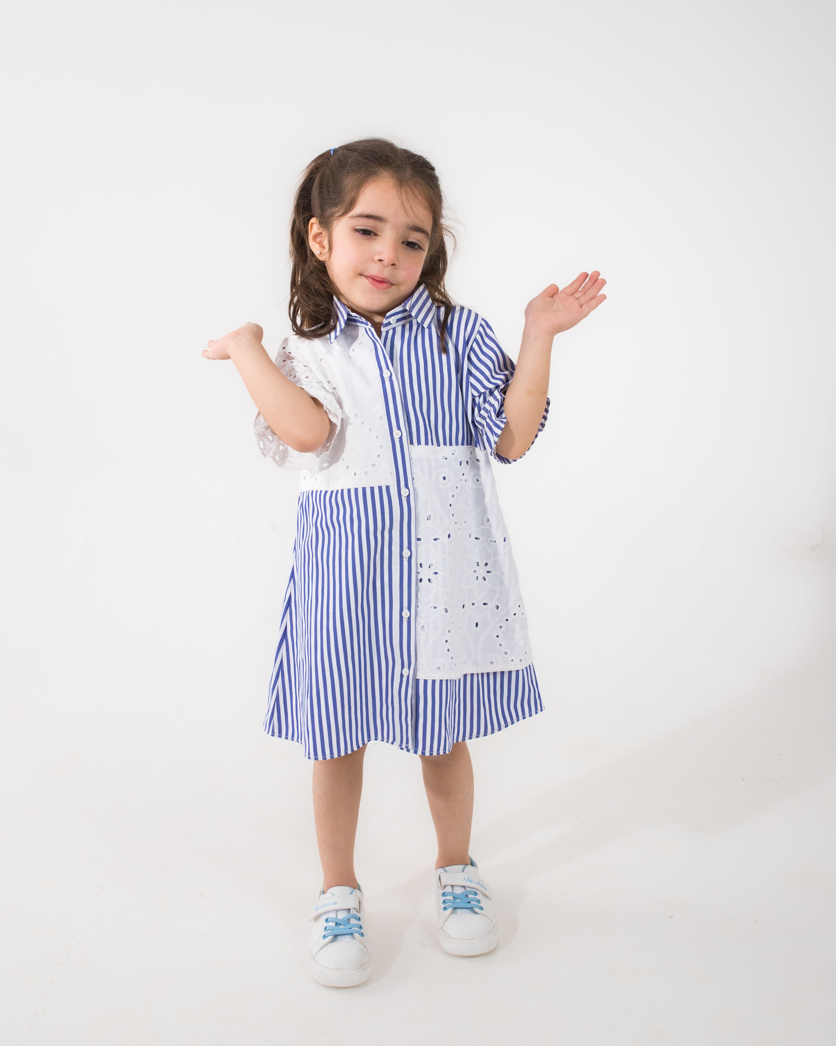 Blue & White Striped Frock with Chikankari Detailing